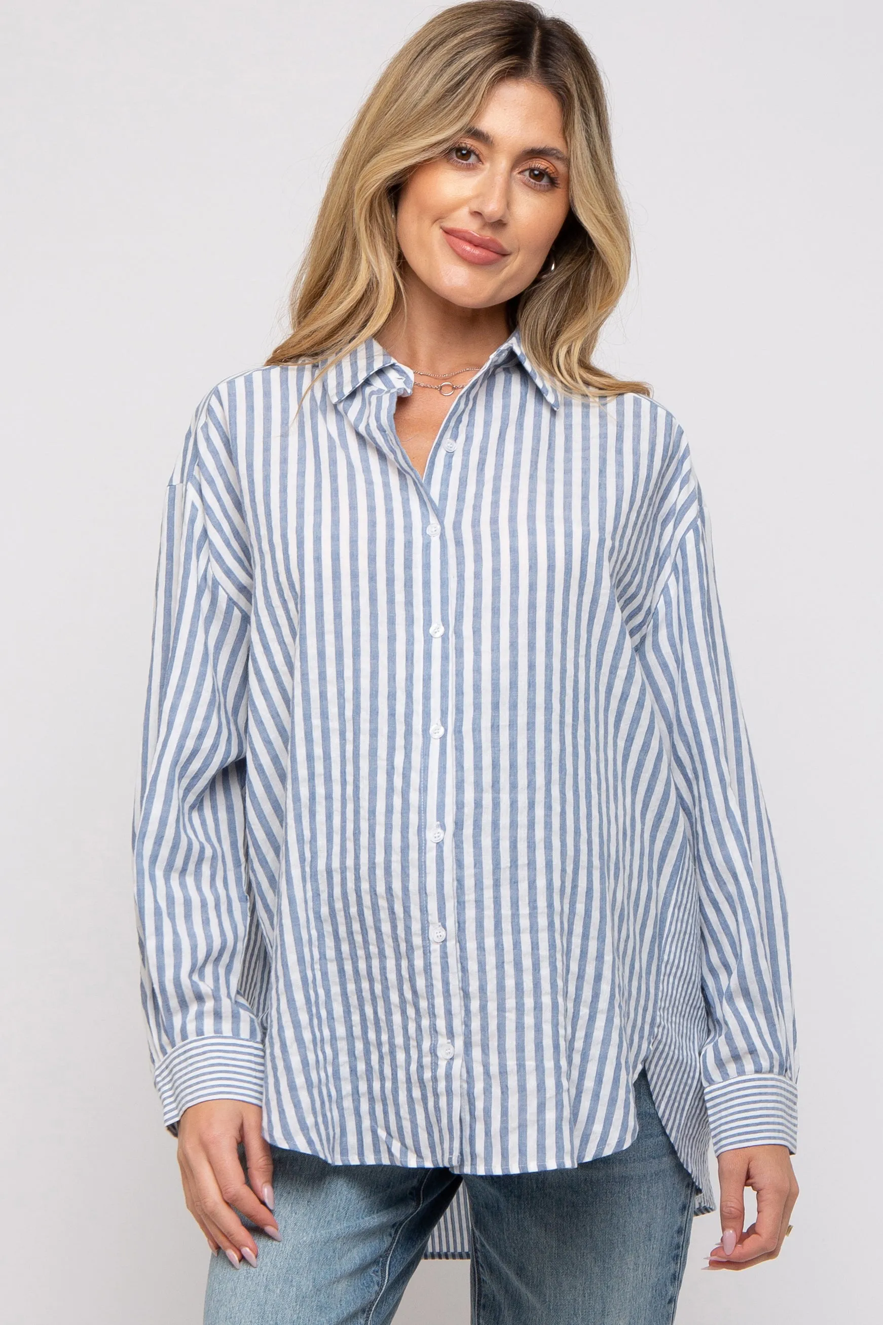 Blue Striped Button Up Long Sleeve Maternity Top sold by Pinkblush
