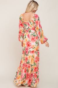 Ivory Floral Chiffon Smocked Off Shoulder Maxi Dress sold by Pinkblush