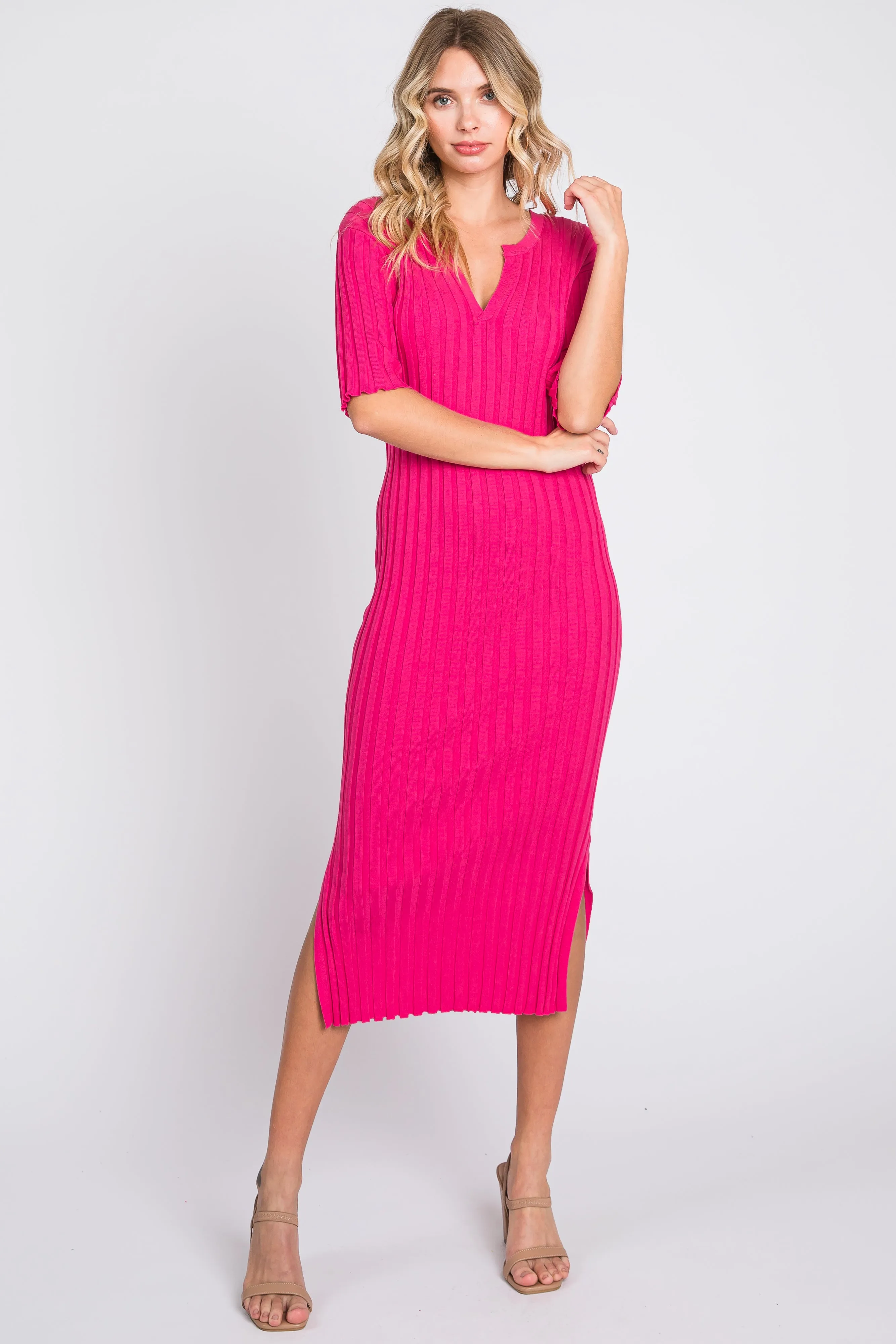 Fuchsia Ribbed Knit Midi Dress sold by Pinkblush