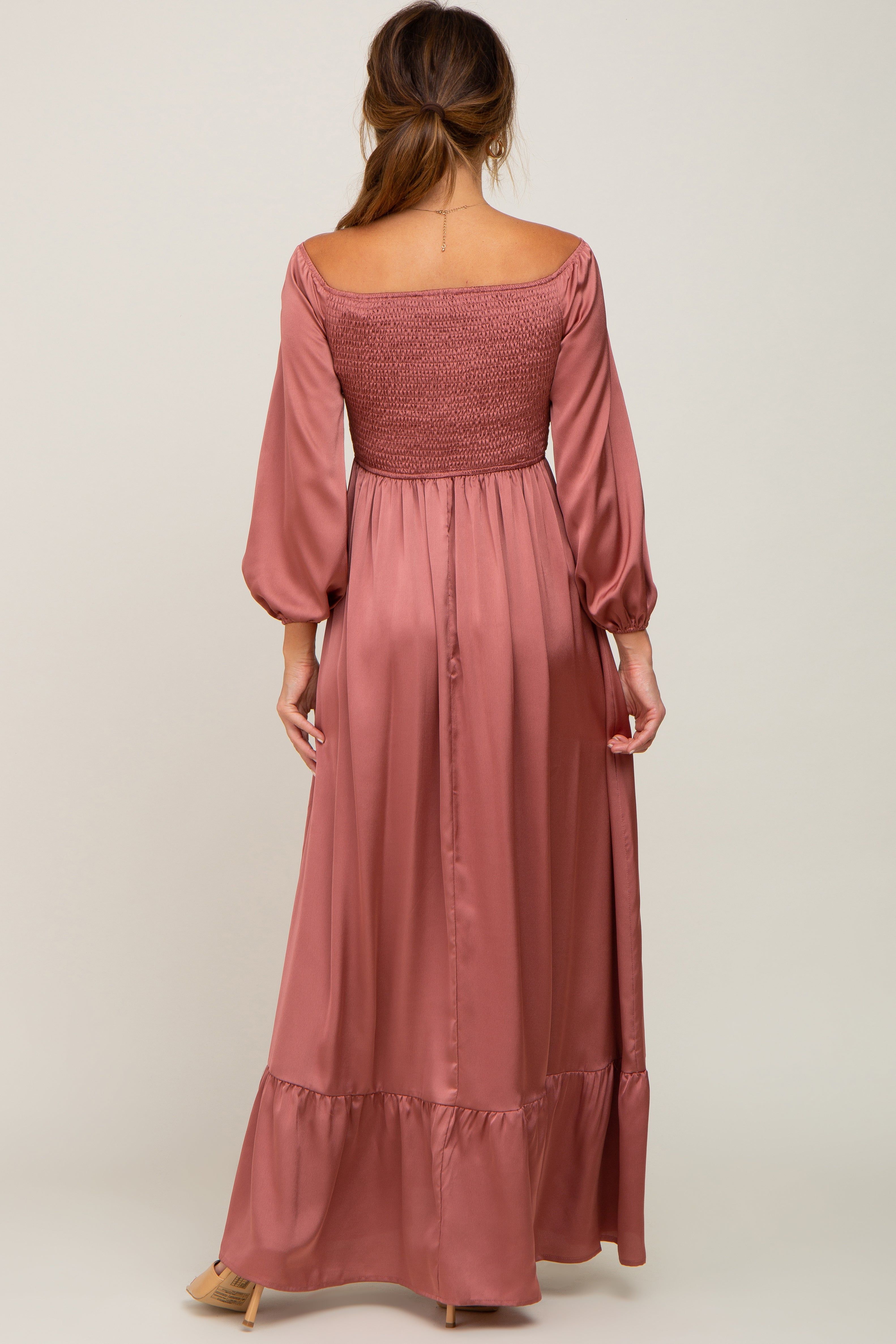 Mauve Smocked Off Shoulder Satin Maxi Dress sold by Pinkblush product image thumbnail 3