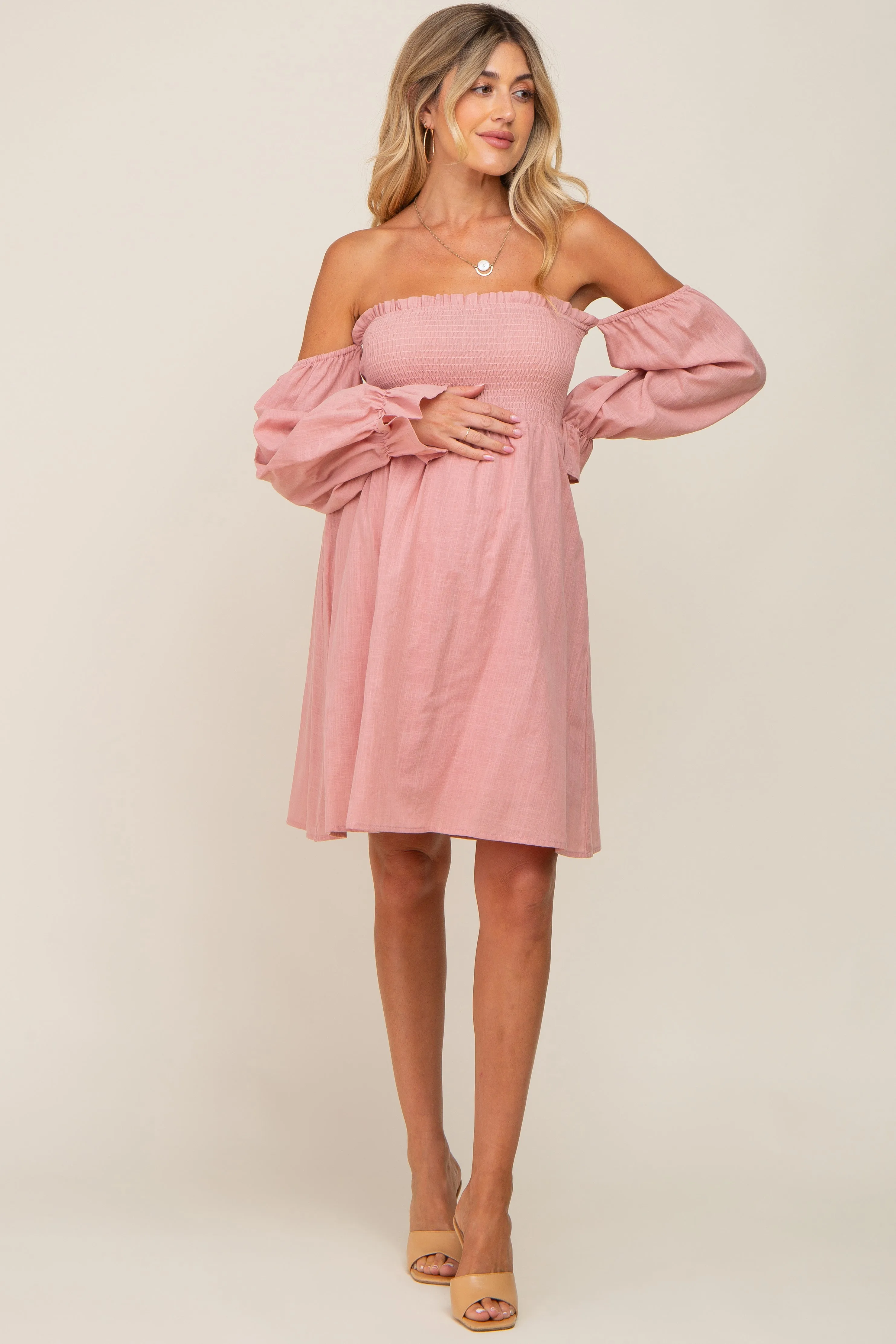 Pink Smocked Off Shoulder Long Sleeve Maternity Dress sold by Pinkblush product image thumbnail 5