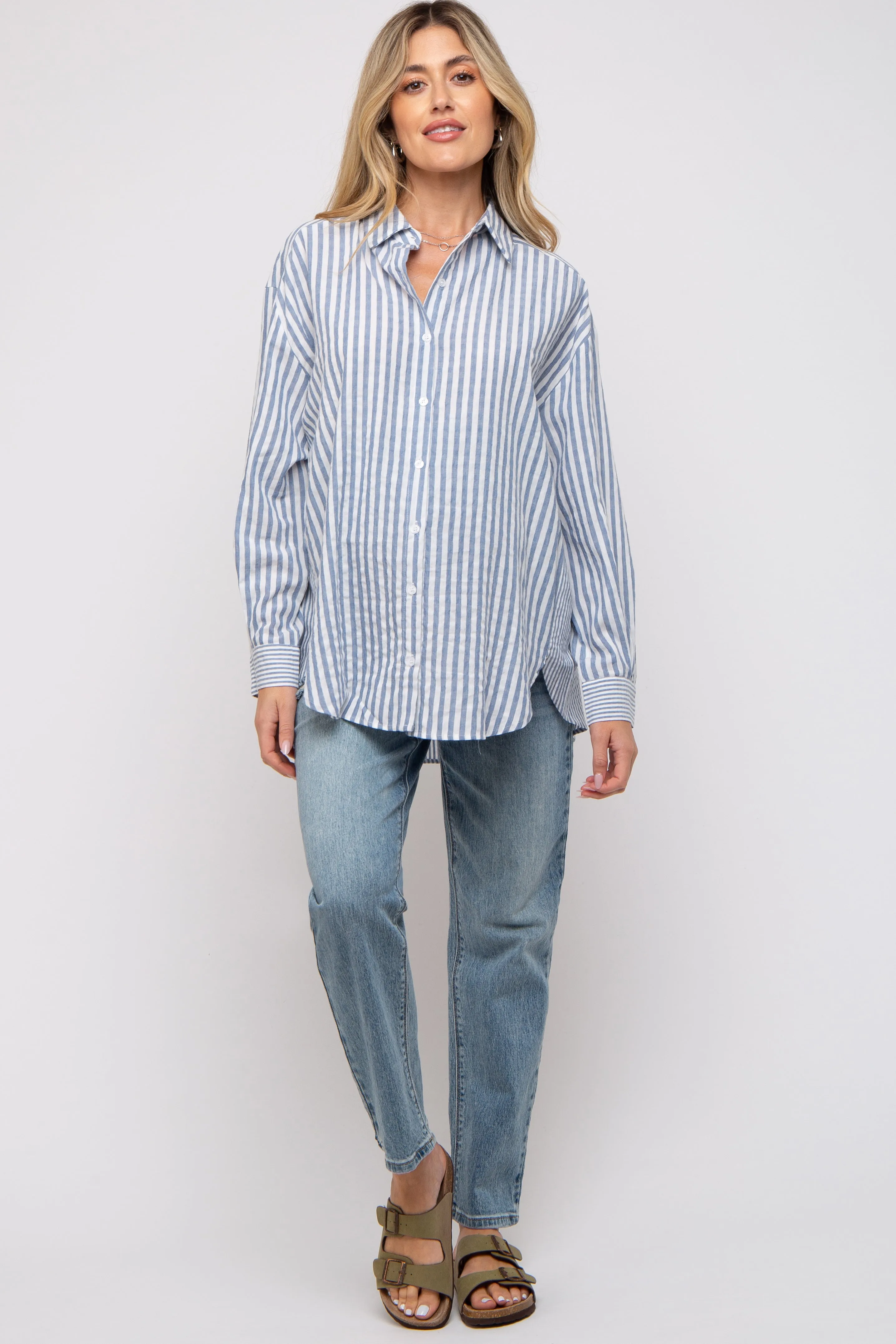 Blue Striped Button Up Long Sleeve Maternity Top sold by Pinkblush product image thumbnail 5