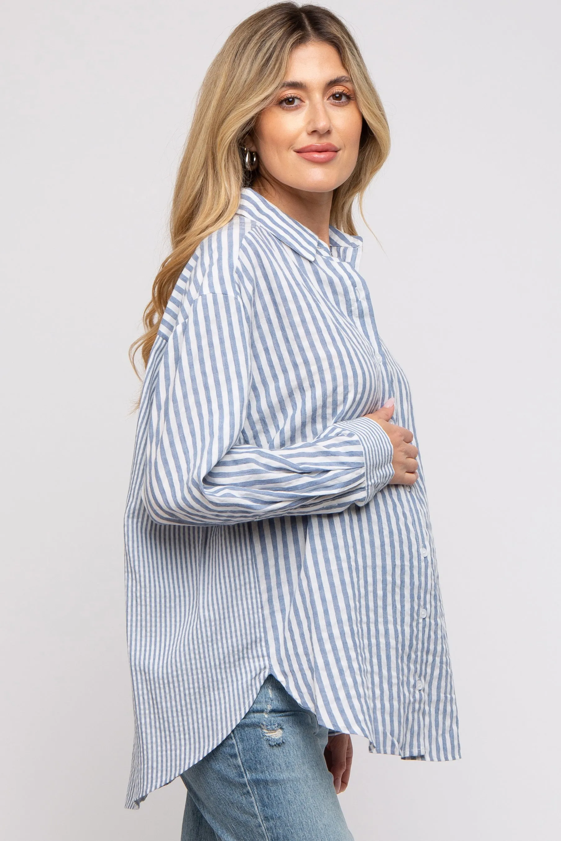 Blue Striped Button Up Long Sleeve Maternity Top sold by Pinkblush product image thumbnail 2