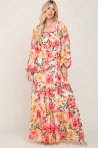 Ivory Floral Chiffon Smocked Off Shoulder Maxi Dress sold by Pinkblush