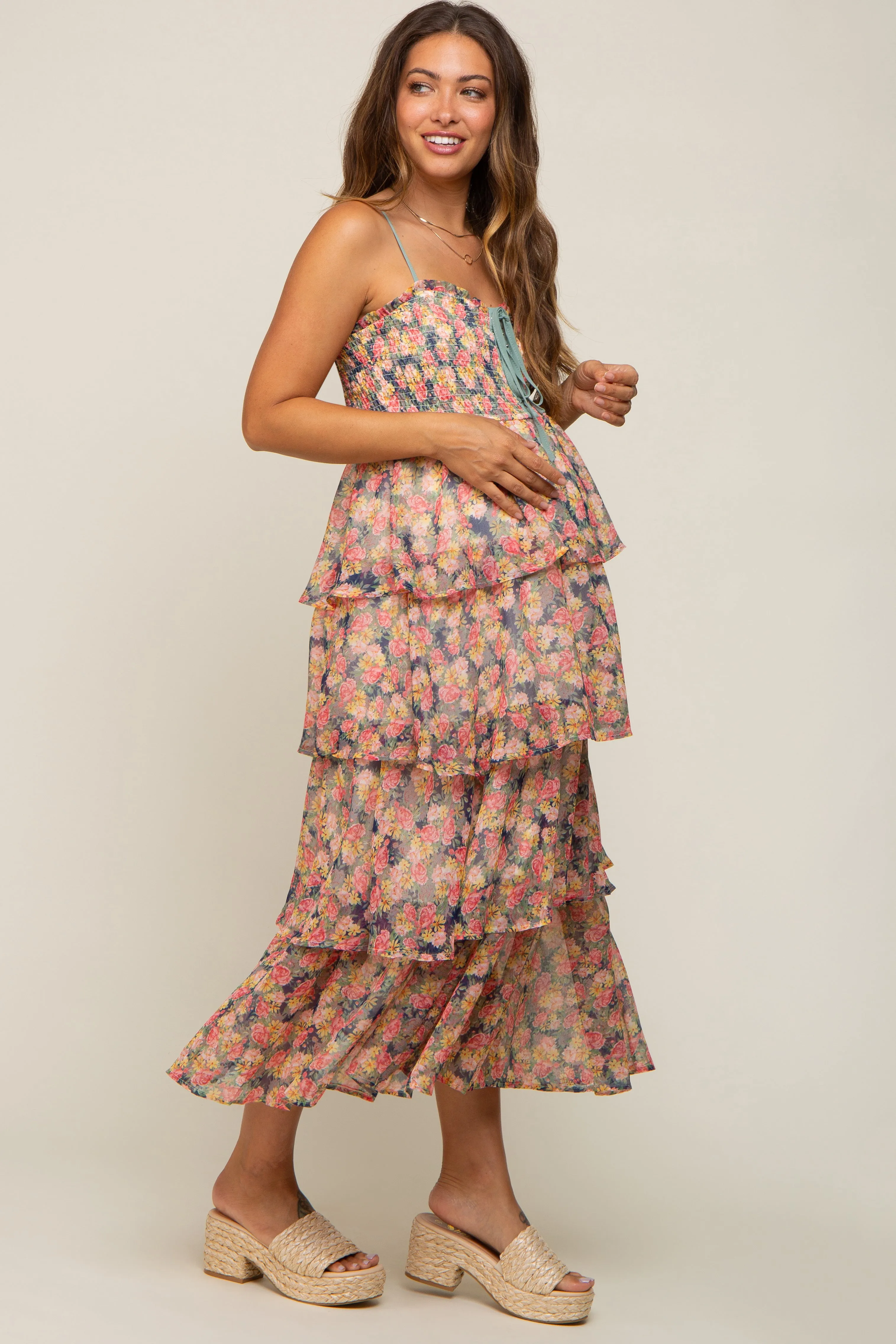 Navy Floral Sleeveless Tiered Maternity Maxi Dress sold by Pinkblush product image thumbnail 3