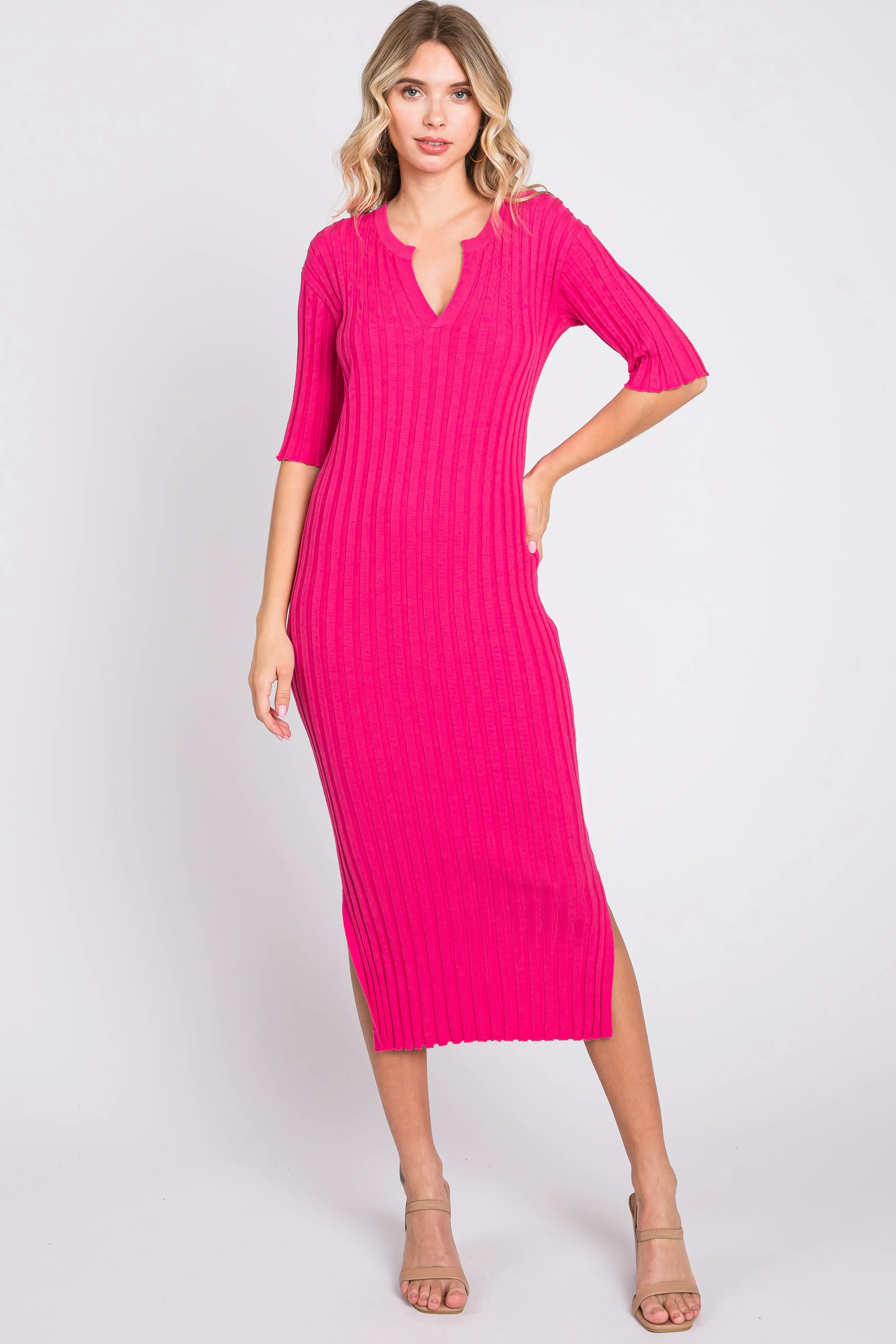 Fuchsia Ribbed Knit Midi Dress sold by Pinkblush product image thumbnail 2