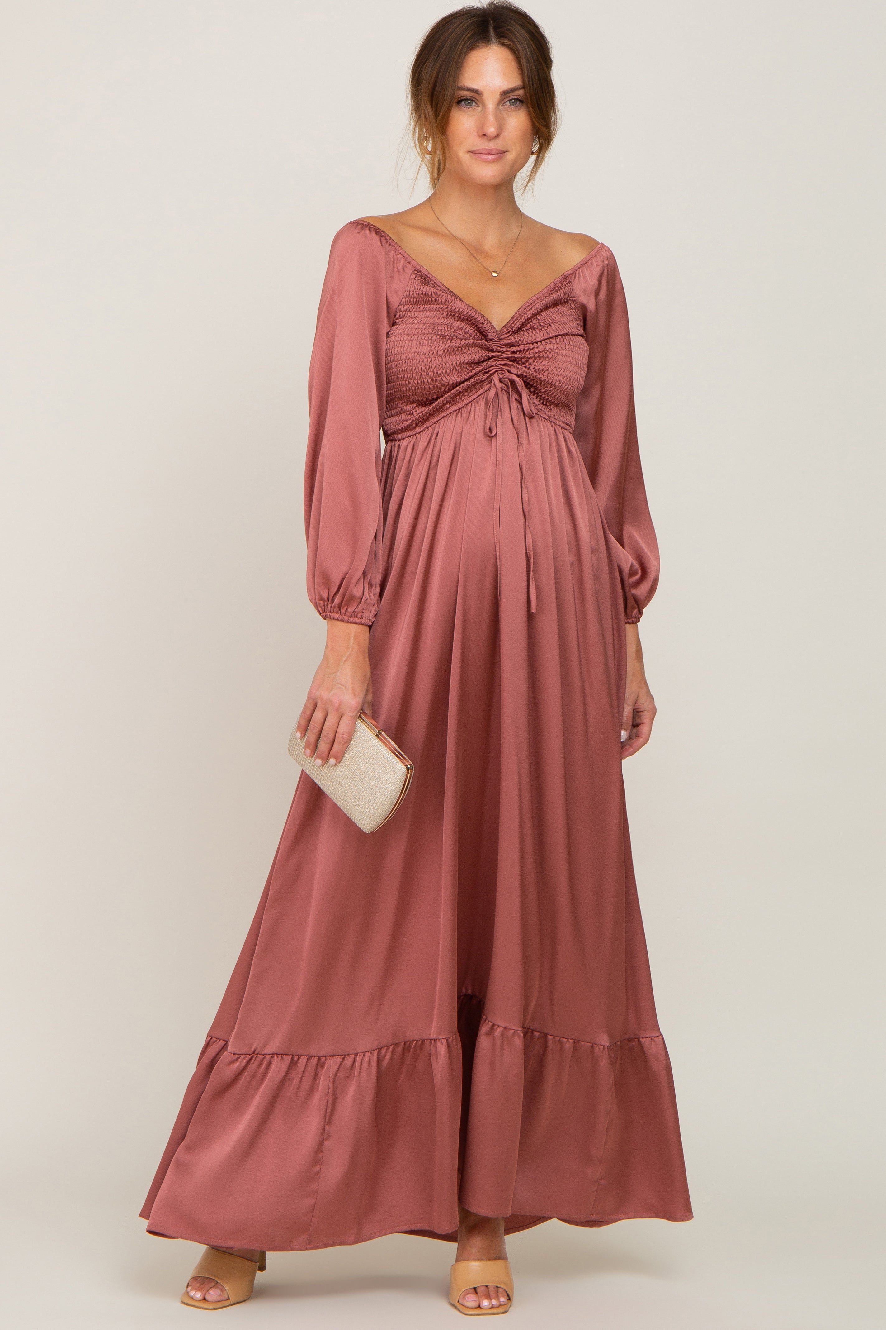 Mauve Smocked Off Shoulder Satin Maxi Dress sold by Pinkblush