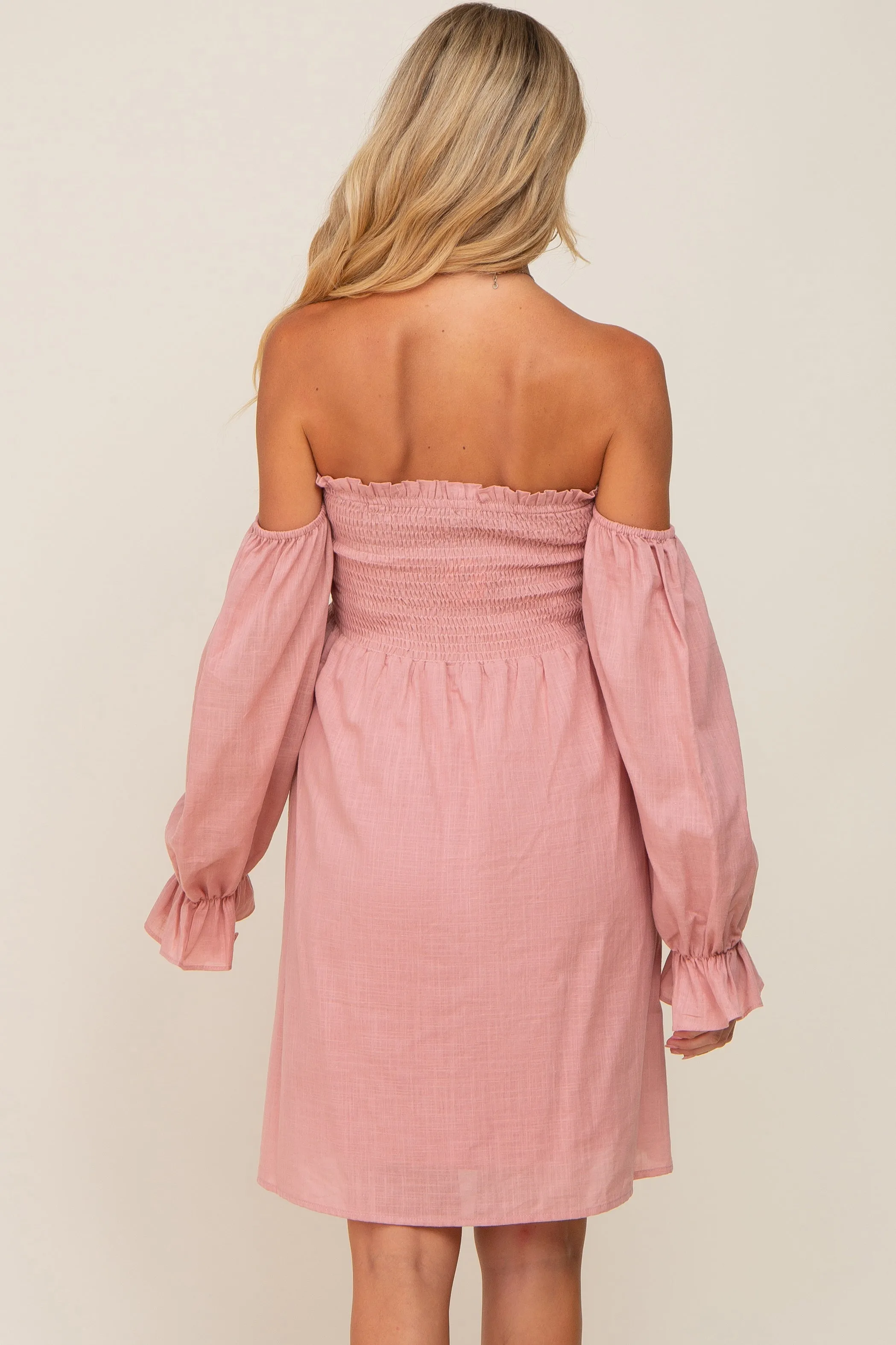 Pink Smocked Off Shoulder Long Sleeve Maternity Dress sold by Pinkblush product image thumbnail 3