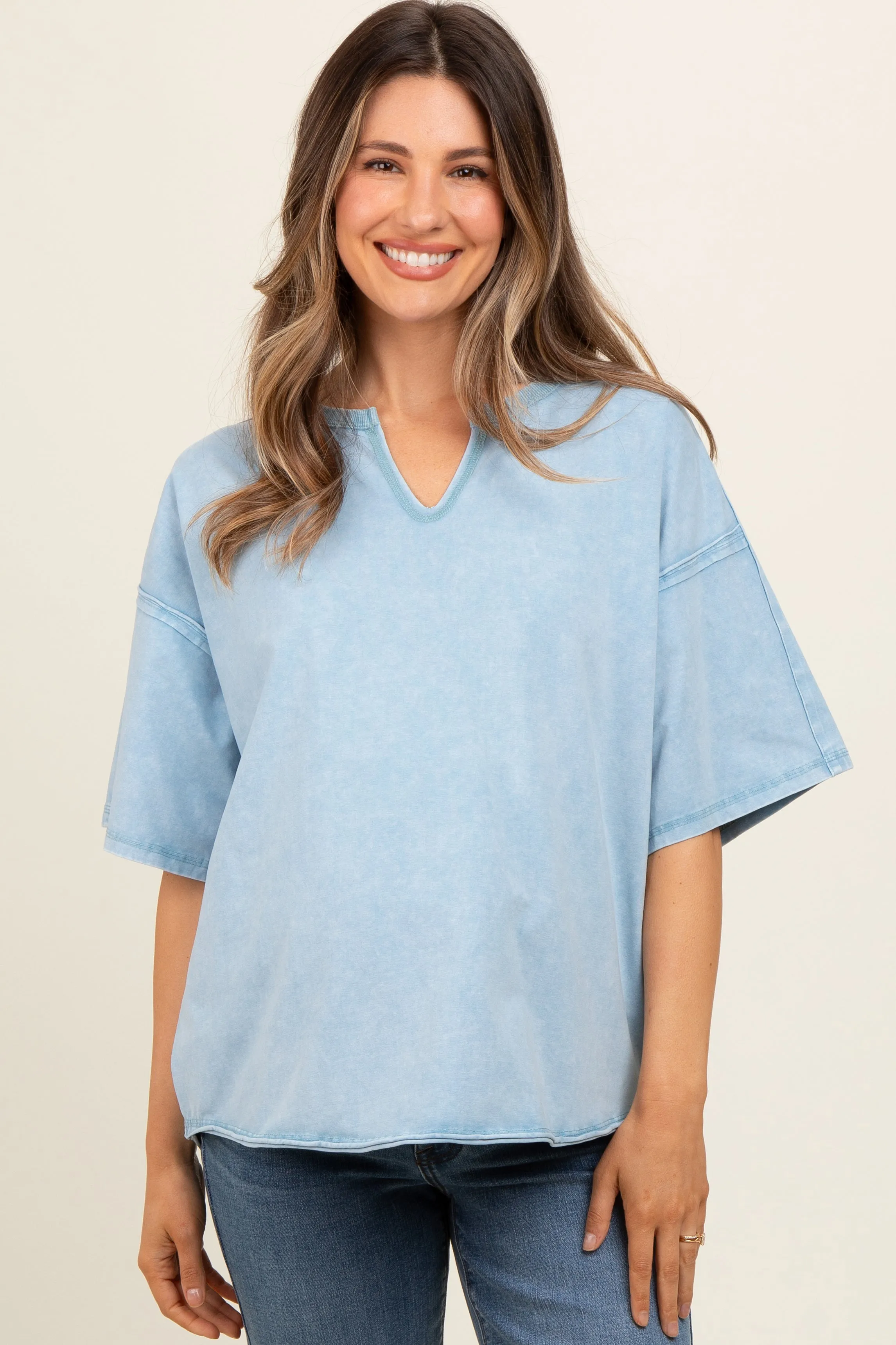 Light Blue Washed Cotton Jersey Oversized Maternity Top sold by Pinkblush