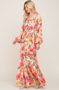 Ivory Floral Chiffon Smocked Off Shoulder Maxi Dress sold by Pinkblush