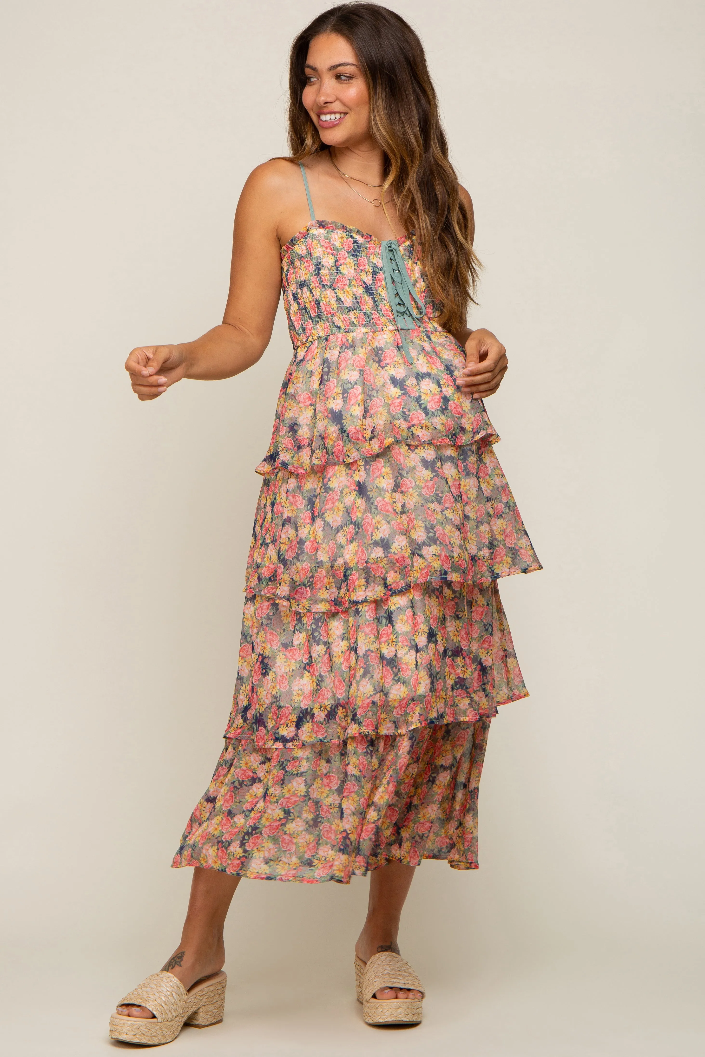 Navy Floral Sleeveless Tiered Maternity Maxi Dress sold by Pinkblush