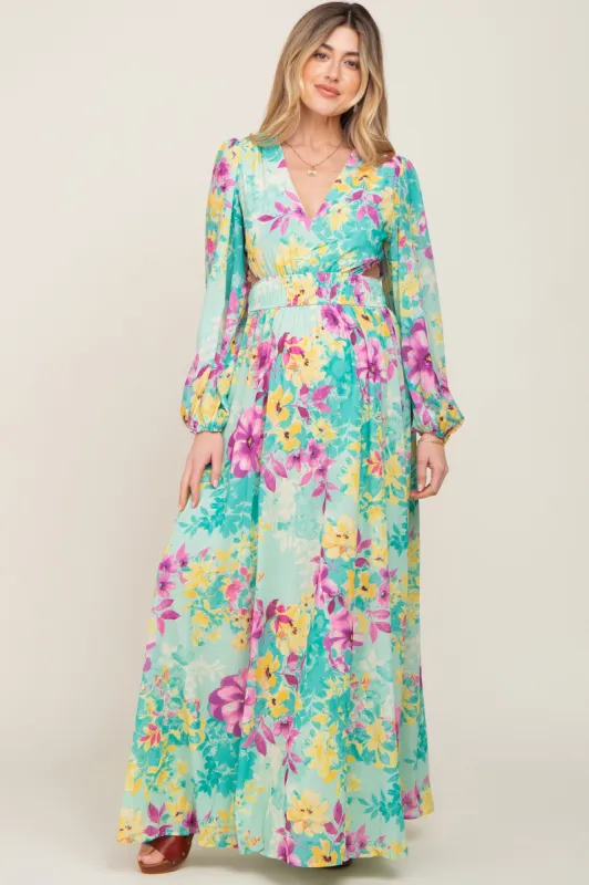 Turquoise Floral Side Cutout Maternity Maxi Dress sold by Pinkblush
