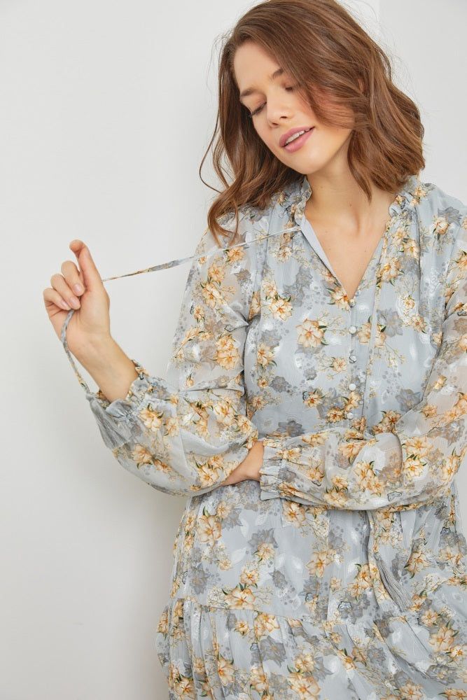 Light Blue Floral Button Front Tiered Maxi Dress sold by Pinkblush product image thumbnail 4