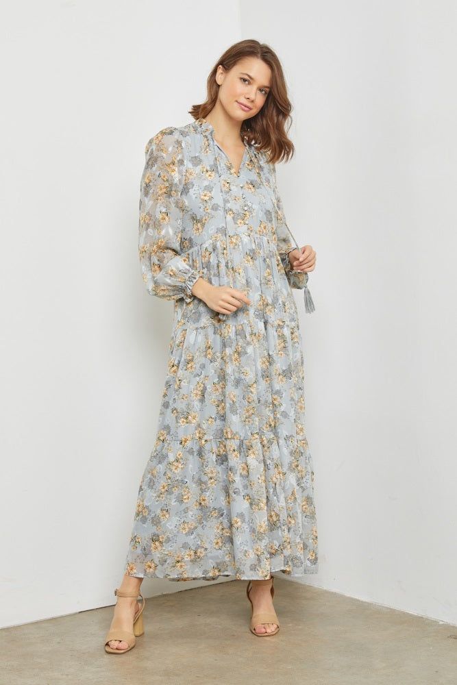 Light Blue Floral Button Front Tiered Maxi Dress sold by Pinkblush