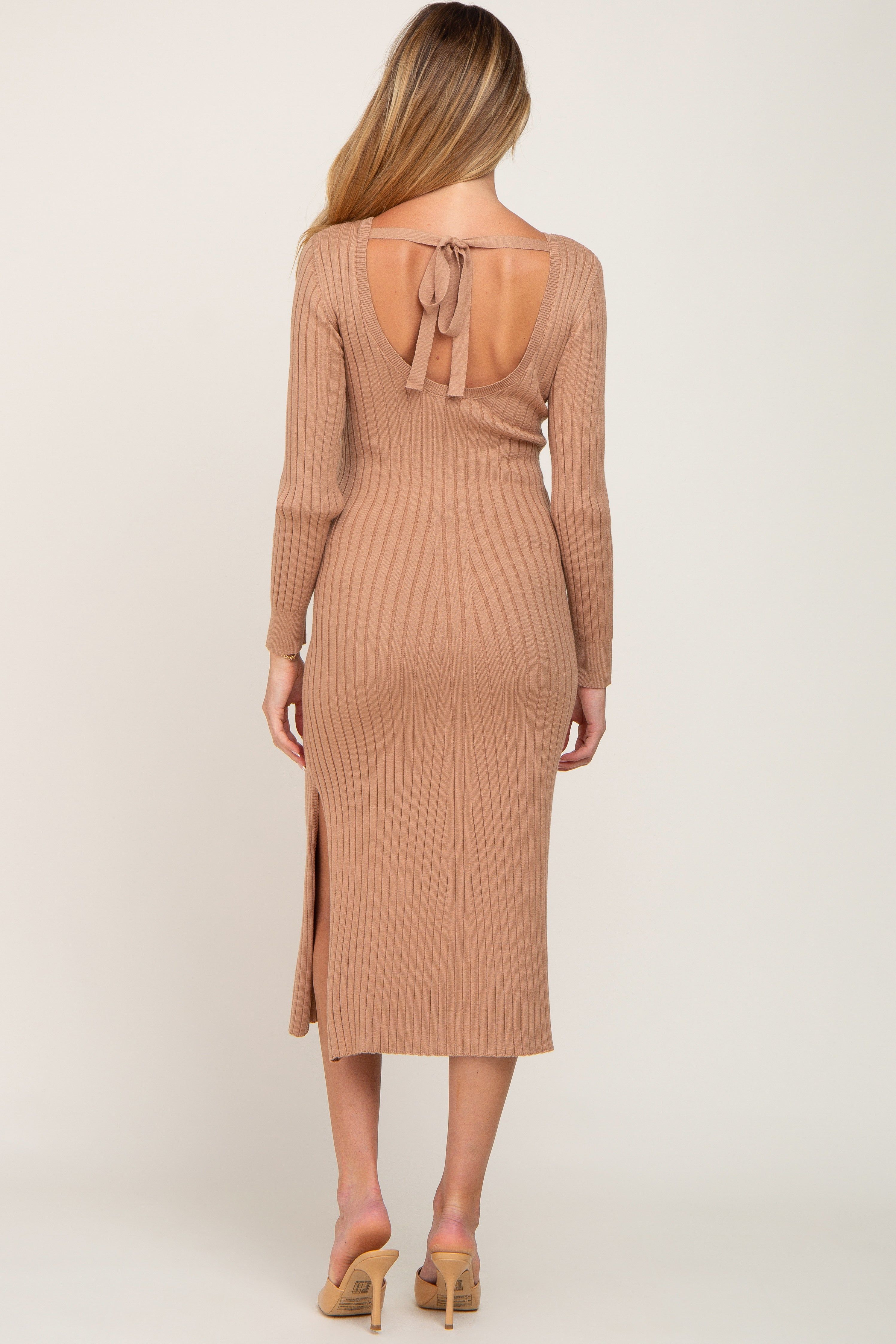 Camel Ribbed Side Slit Maternity Midi Sweater Dress sold by Pinkblush product image thumbnail 3