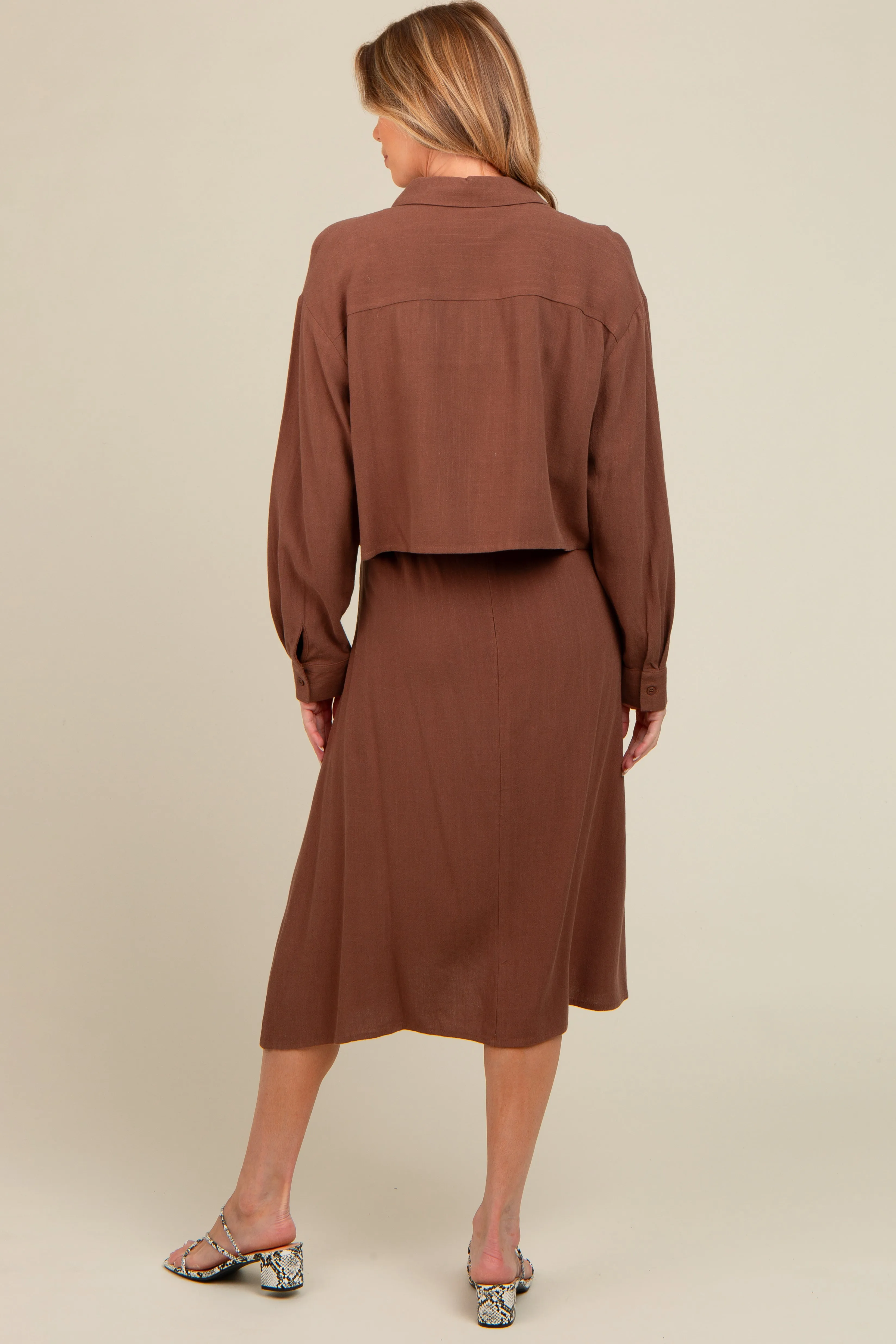 Mocha Linen Cropped Shirt Midi Dress Maternity Set sold by Pinkblush product image thumbnail 4
