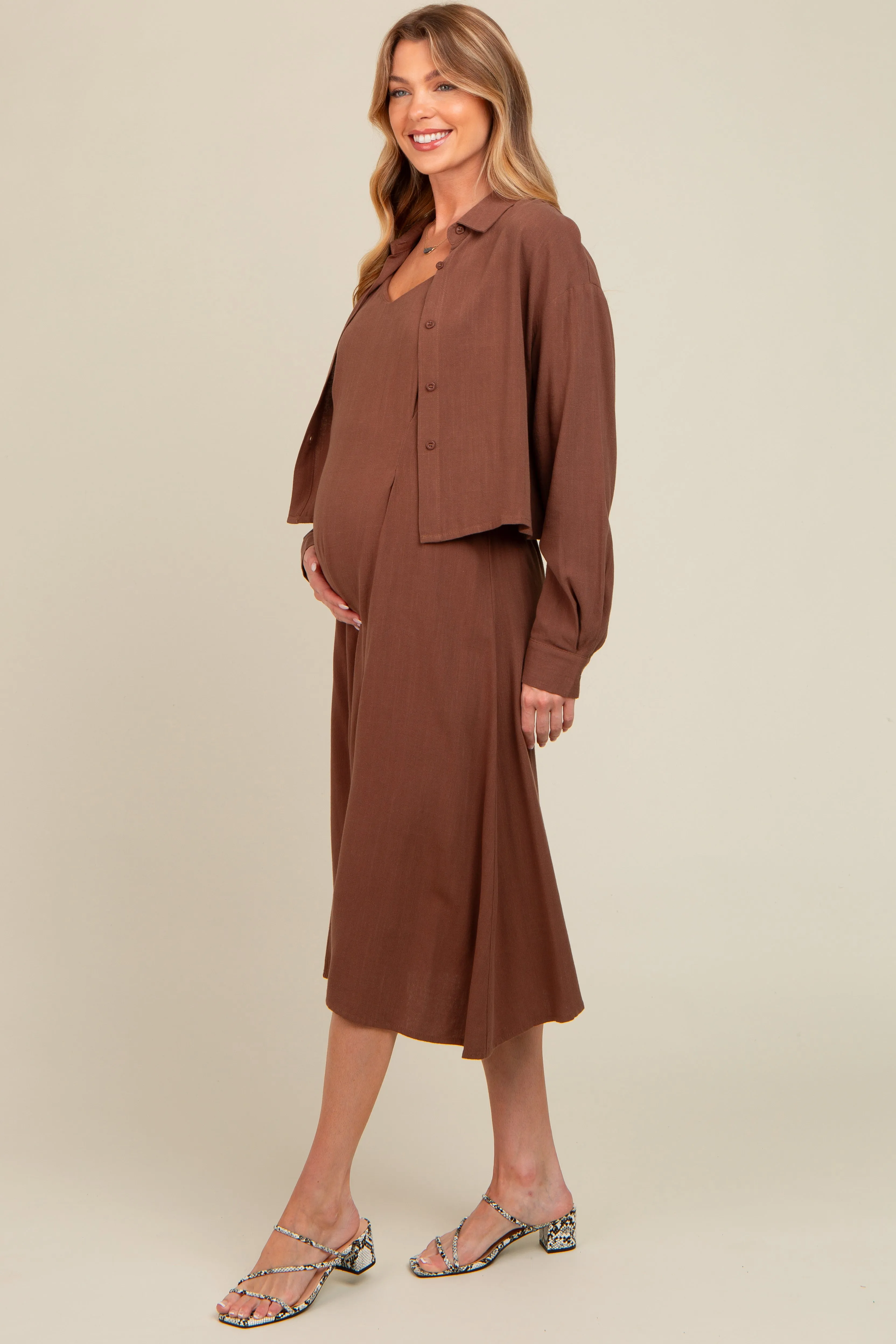 Mocha Linen Cropped Shirt Midi Dress Maternity Set sold by Pinkblush