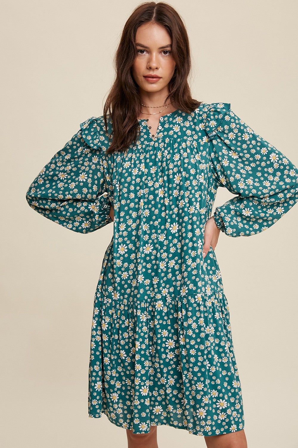 Emerald Ditzy Flower Print Ruffle Detailed Mini Dress sold by Pinkblush product image thumbnail 2