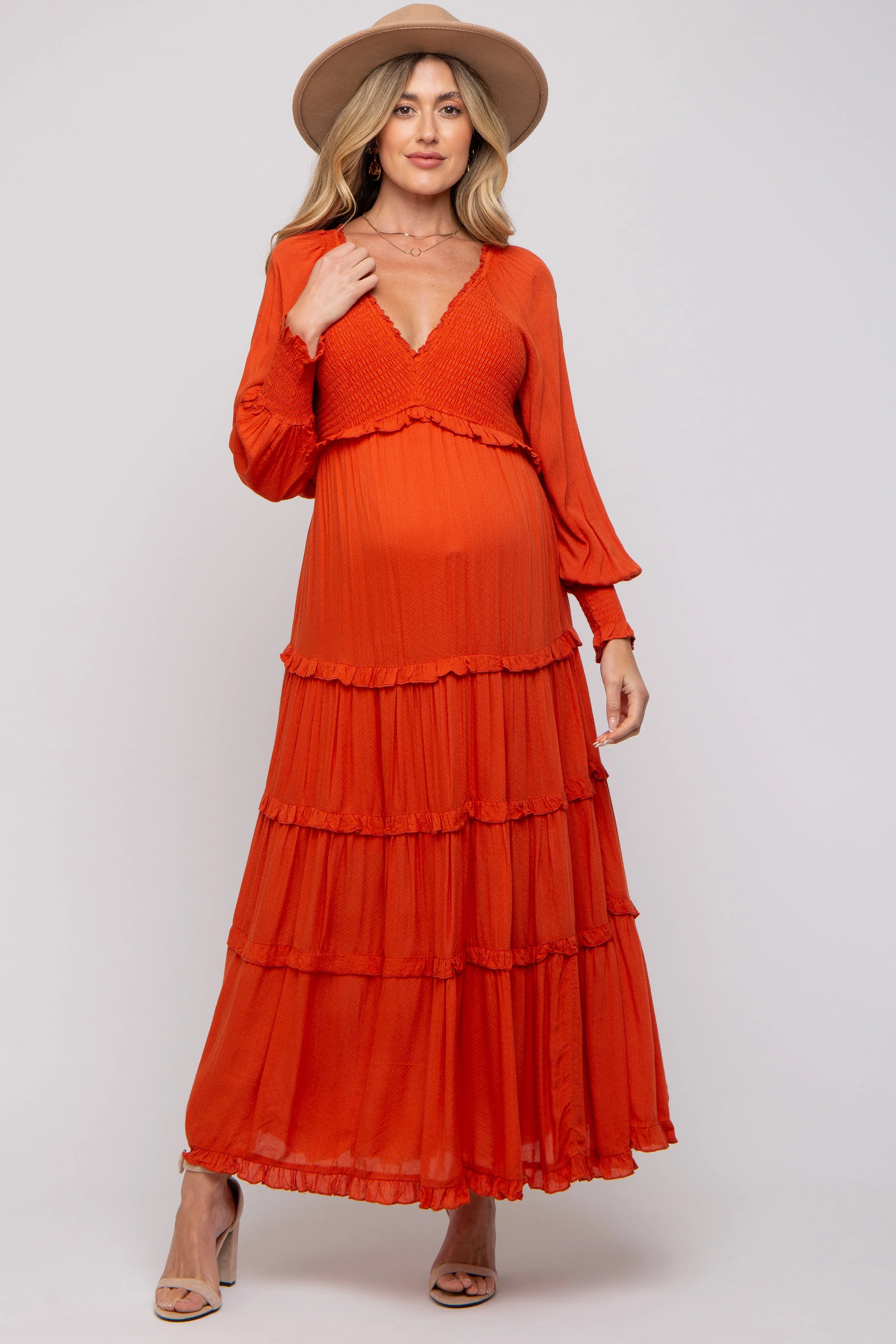 Rust Smocked Ruffle Tiered Maternity Maxi Dress sold by Pinkblush