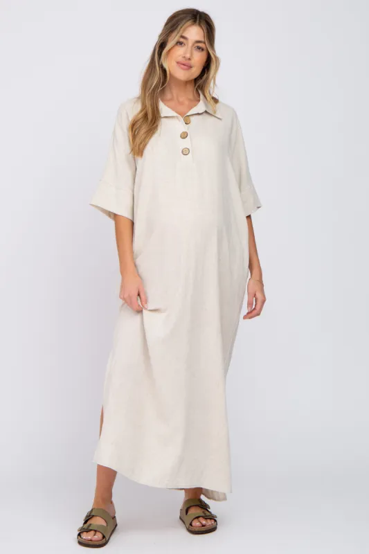 Beige Collared Linen Maternity Maxi Dress sold by Pinkblush