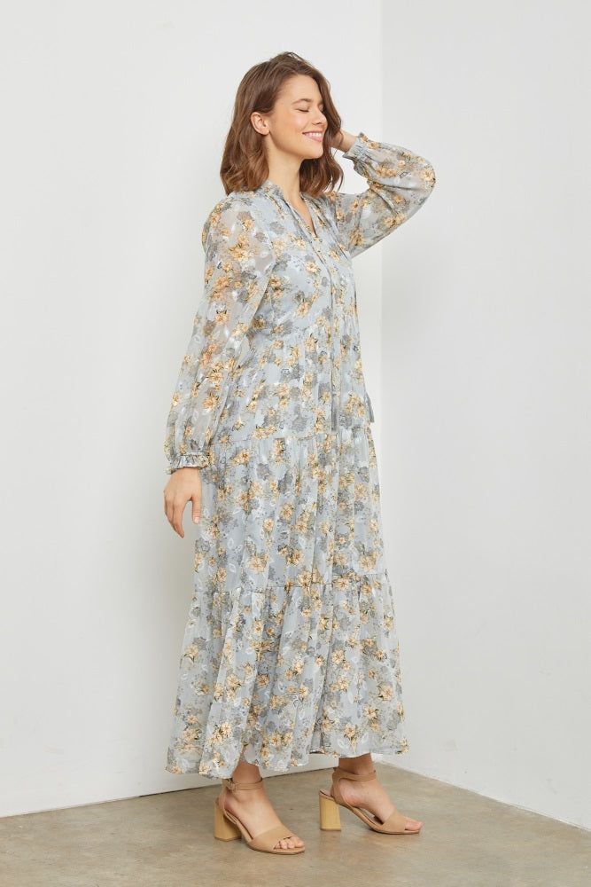 Light Blue Floral Button Front Tiered Maxi Dress sold by Pinkblush product image thumbnail 2
