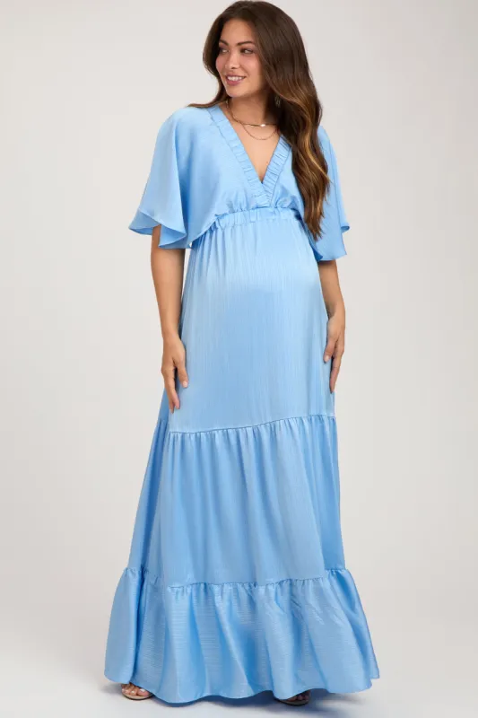 Light Blue V-Neck Flutter Sleeve Tiered Maternity Maxi Dress sold by Pinkblush