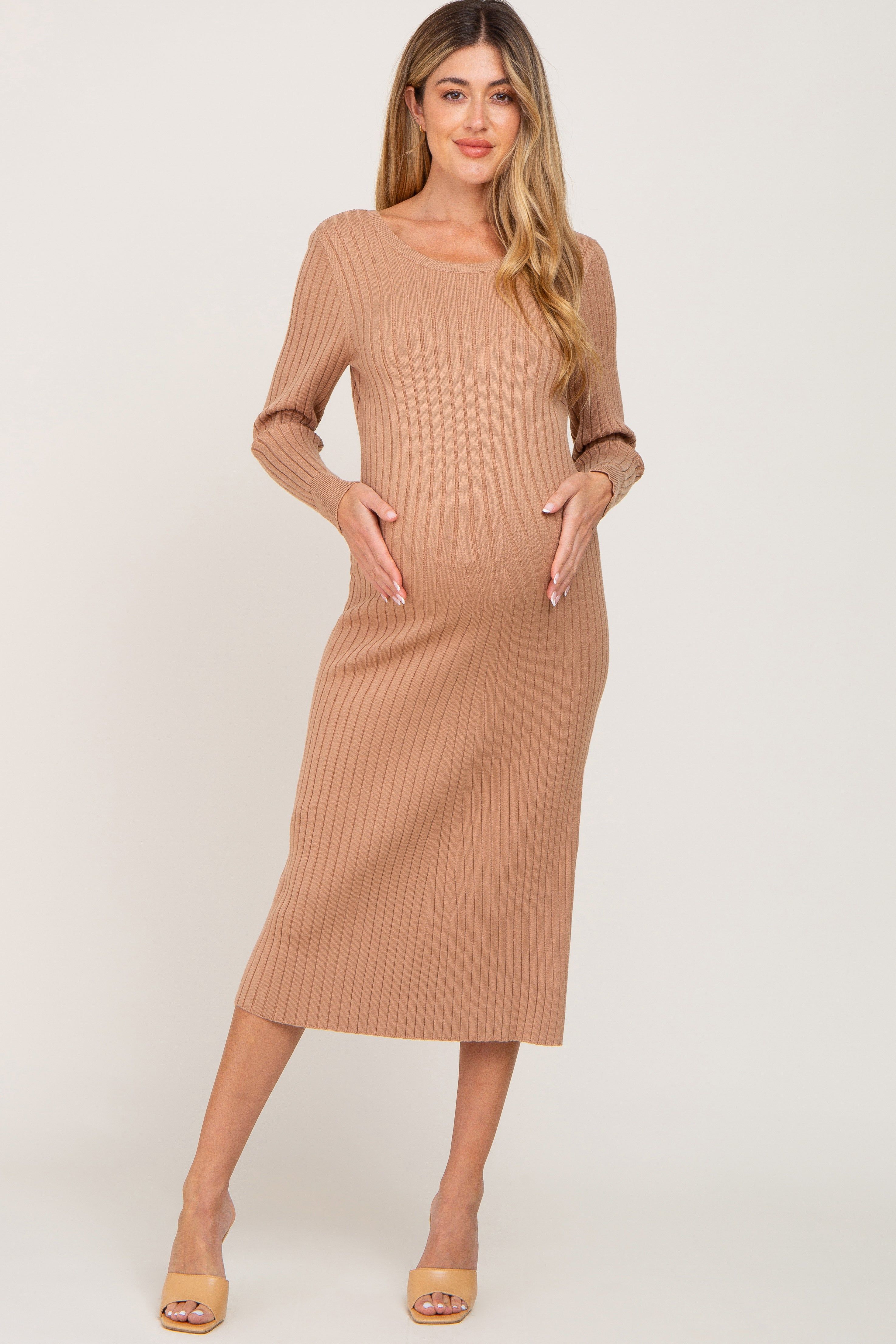 Camel Ribbed Side Slit Maternity Midi Sweater Dress sold by Pinkblush
