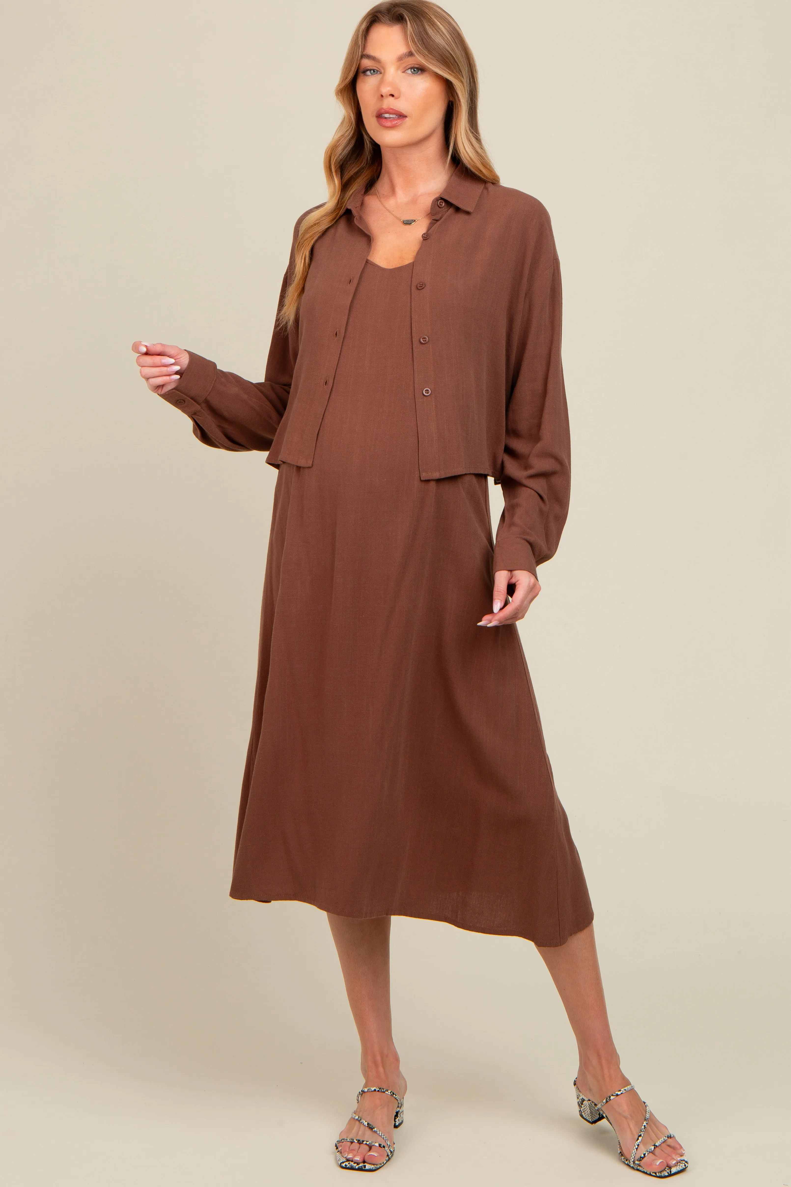 Mocha Linen Cropped Shirt Midi Dress Maternity Set sold by Pinkblush product image thumbnail 2