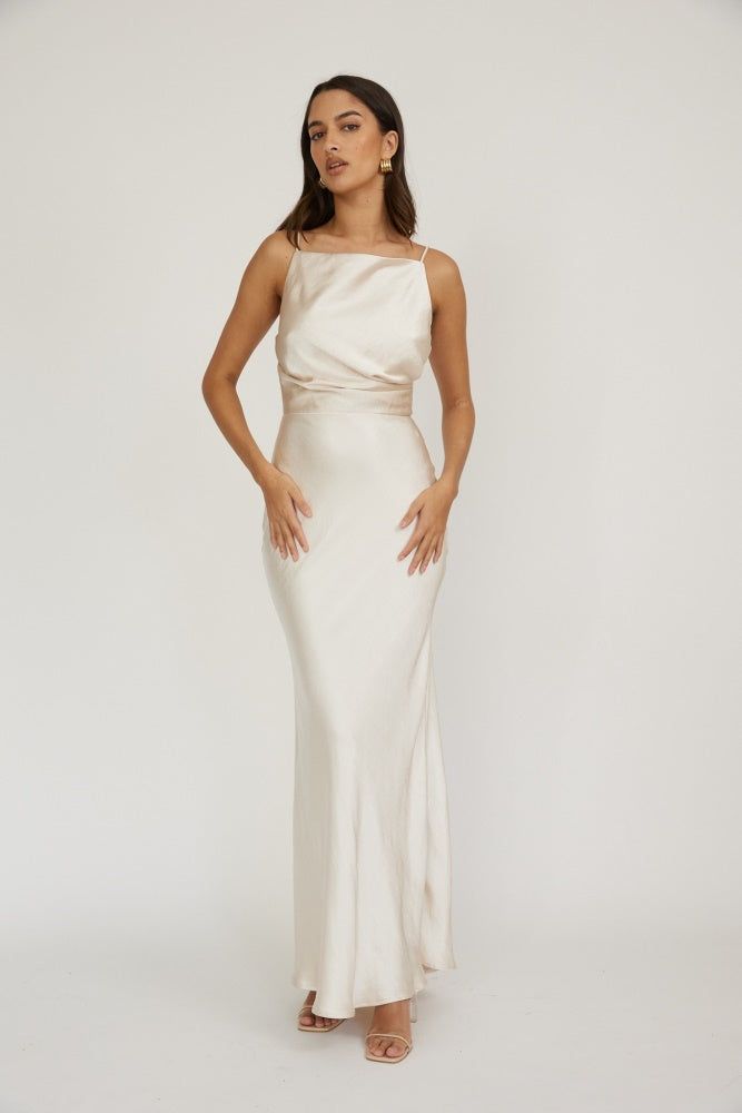 Champagne High Front Cover Metallic Maxi Dress sold by Pinkblush