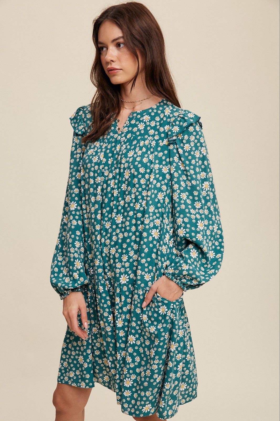 Emerald Ditzy Flower Print Ruffle Detailed Mini Dress sold by Pinkblush product image thumbnail 3