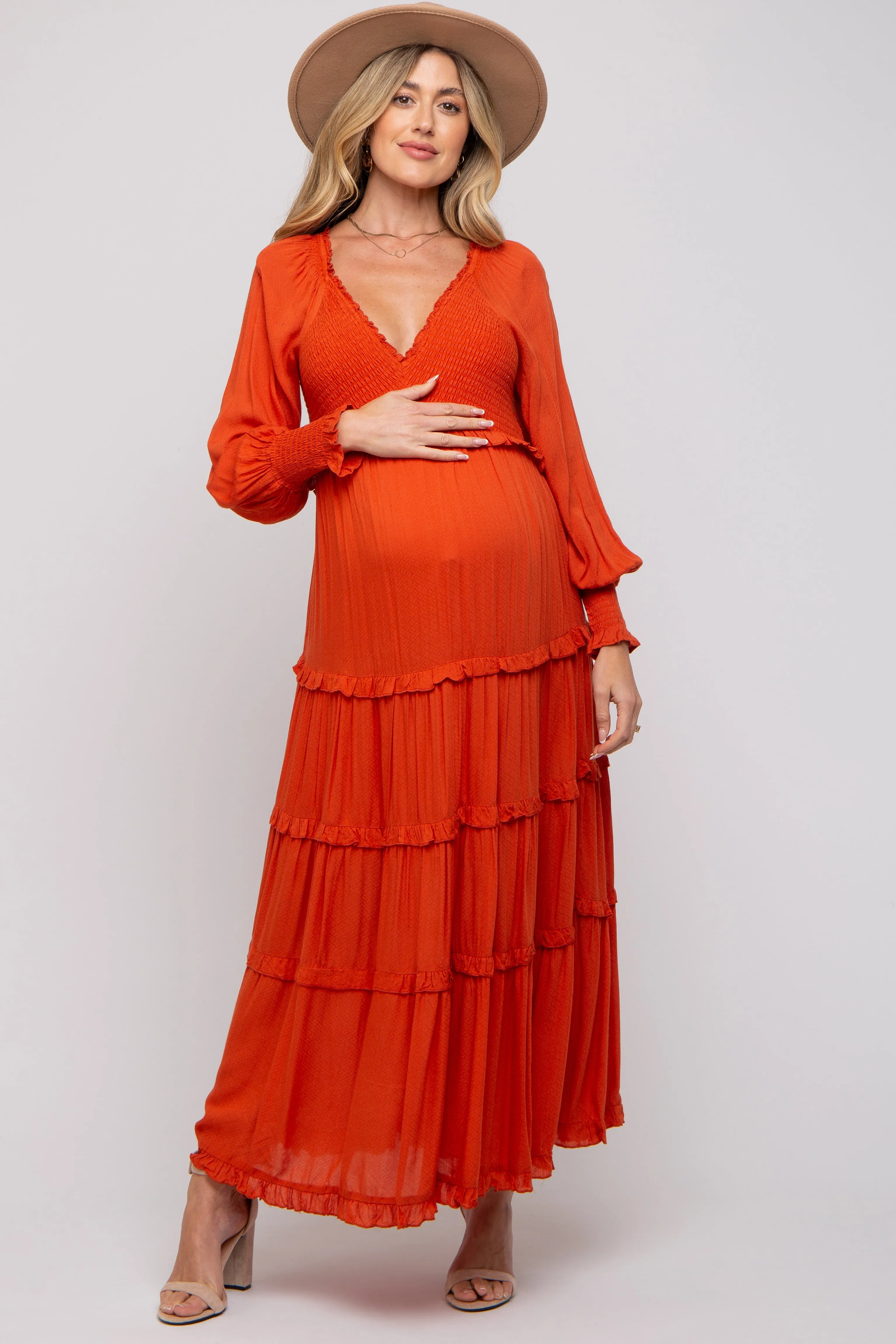 Rust Smocked Ruffle Tiered Maternity Maxi Dress sold by Pinkblush product image thumbnail 5