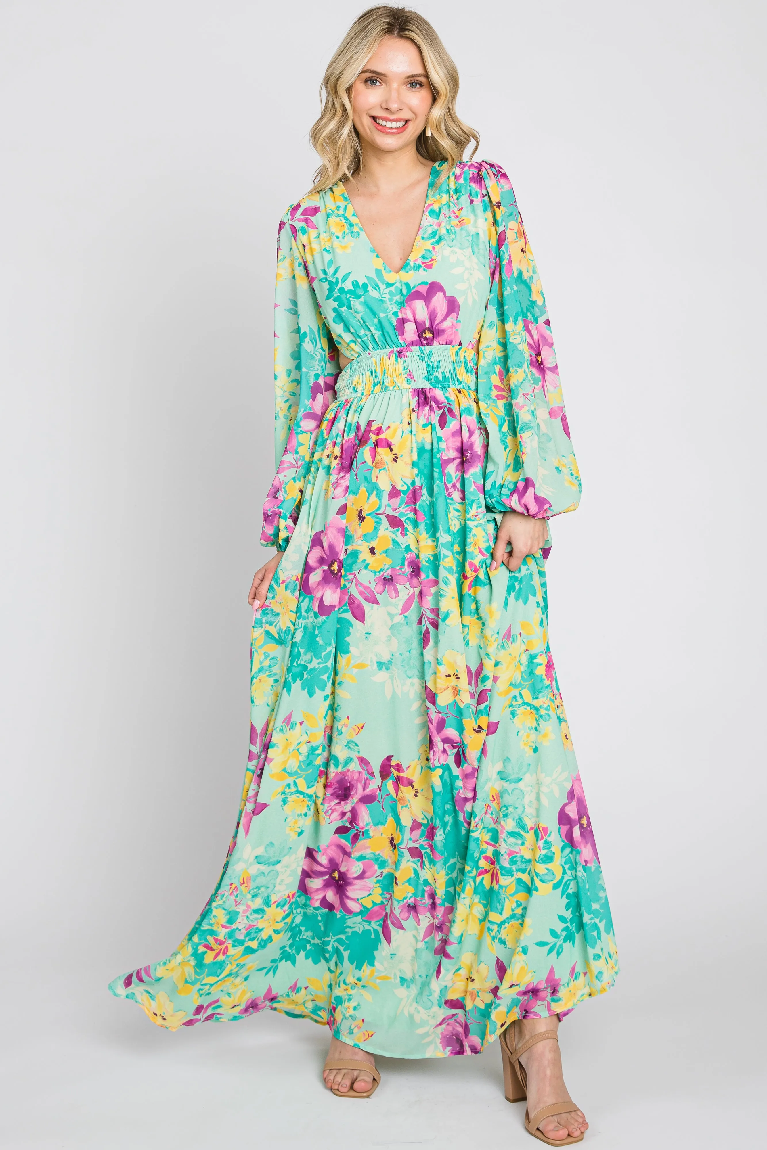 Turquoise Floral Side Cutout Maternity Maxi Dress sold by Pinkblush product image thumbnail 3
