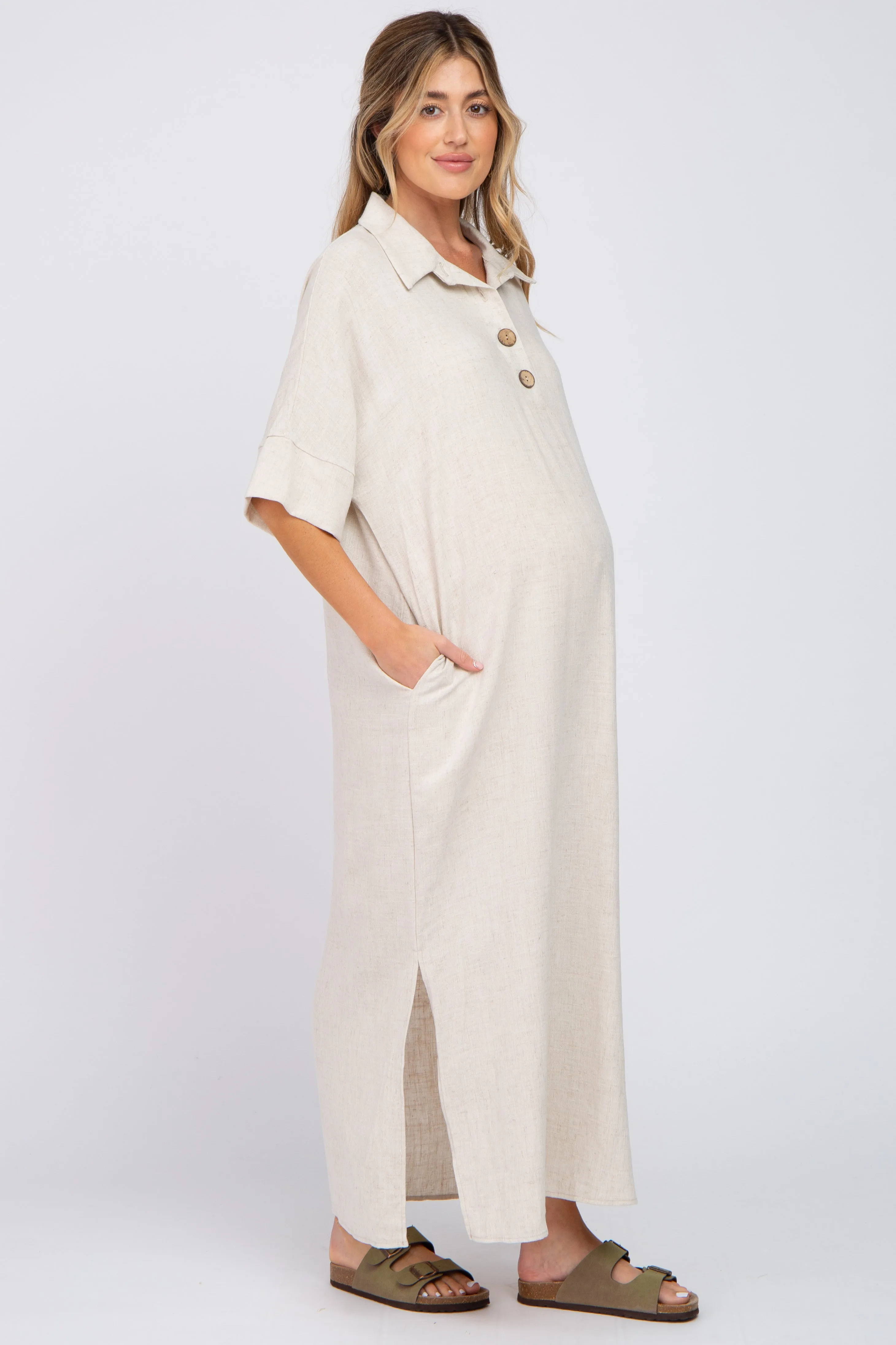 Beige Collared Linen Maternity Maxi Dress sold by Pinkblush product image thumbnail 2