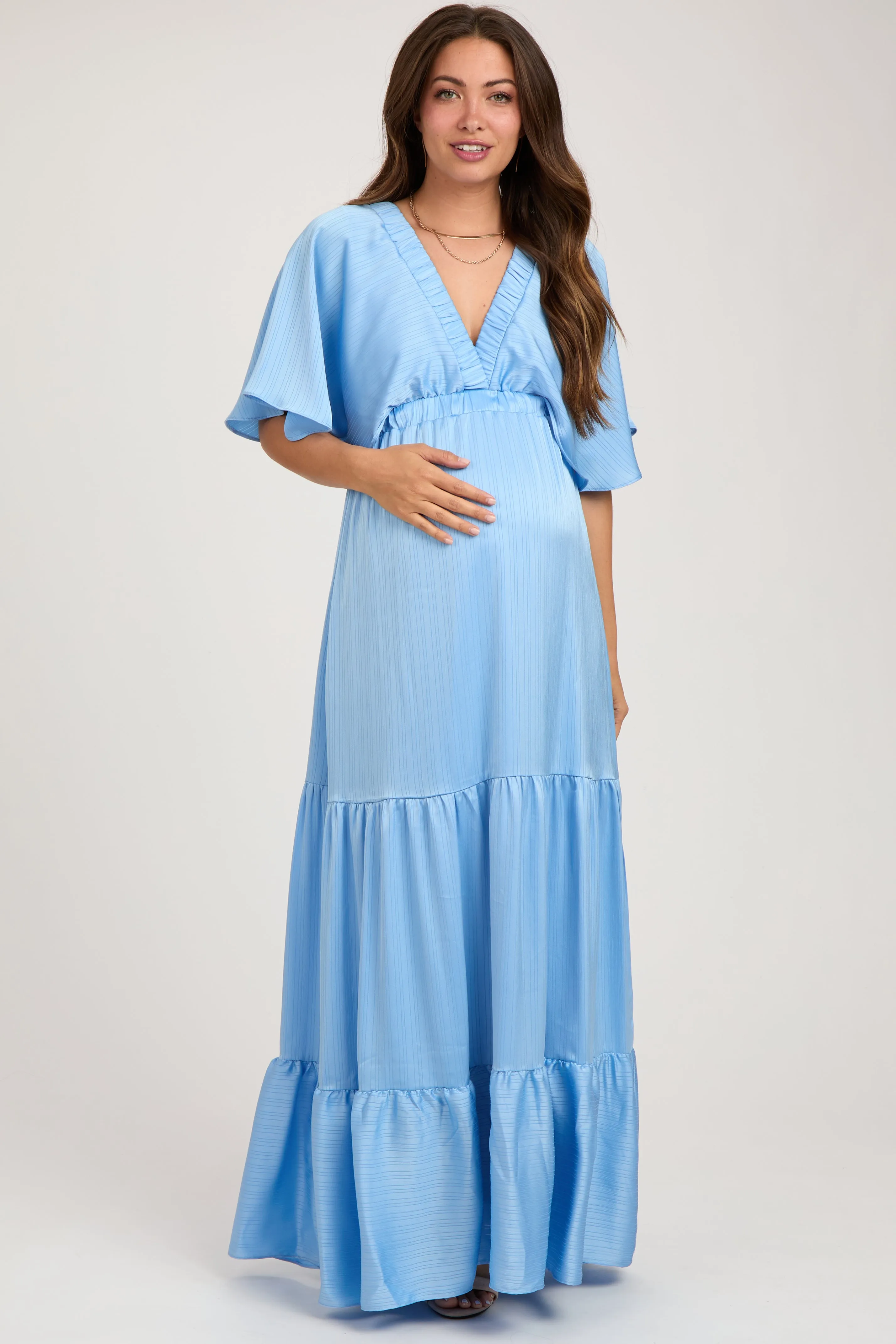 Light Blue V-Neck Flutter Sleeve Tiered Maternity Maxi Dress sold by Pinkblush product image thumbnail 2