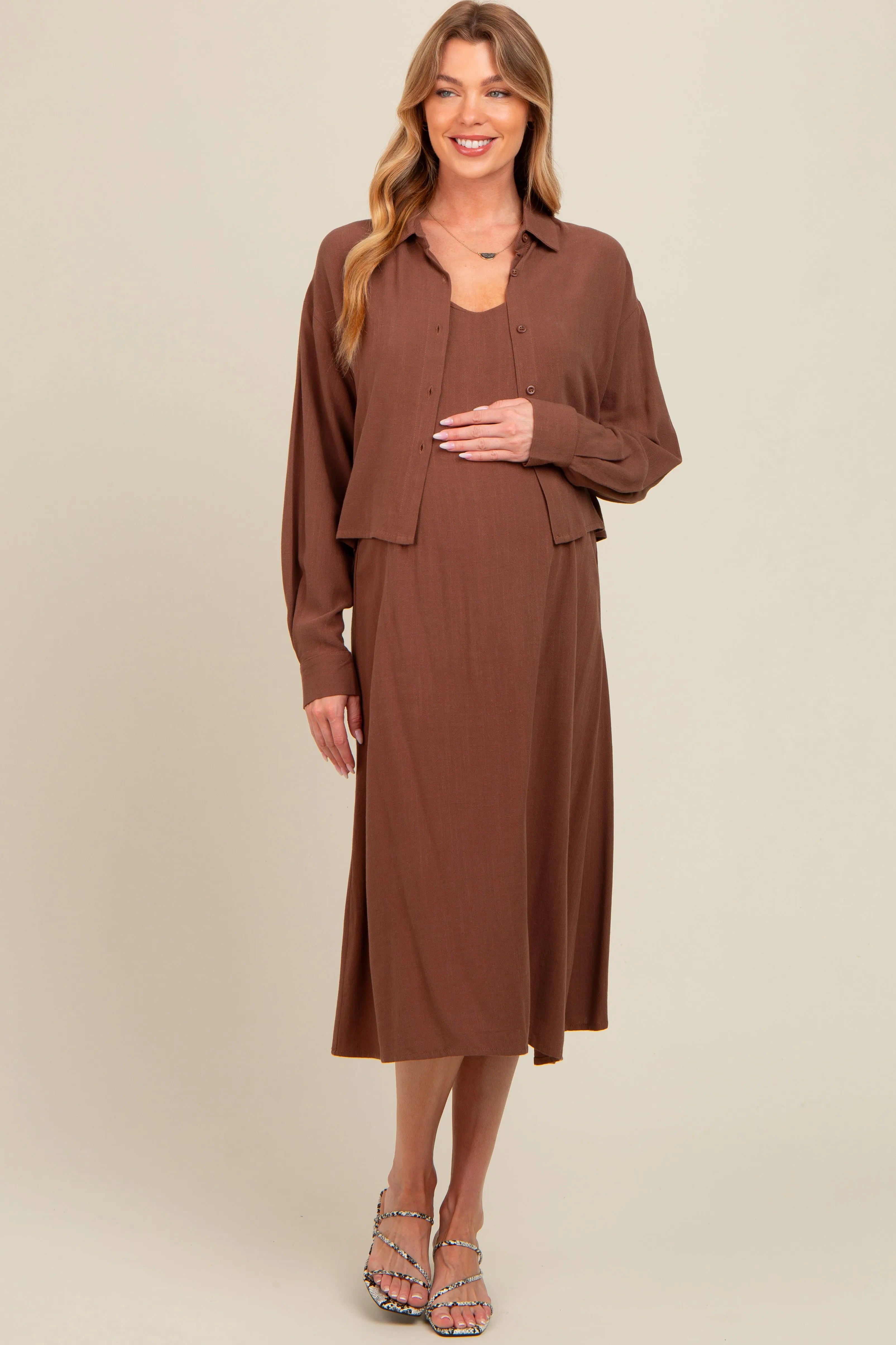 Mocha Linen Cropped Shirt Midi Dress Maternity Set sold by Pinkblush product image thumbnail 3