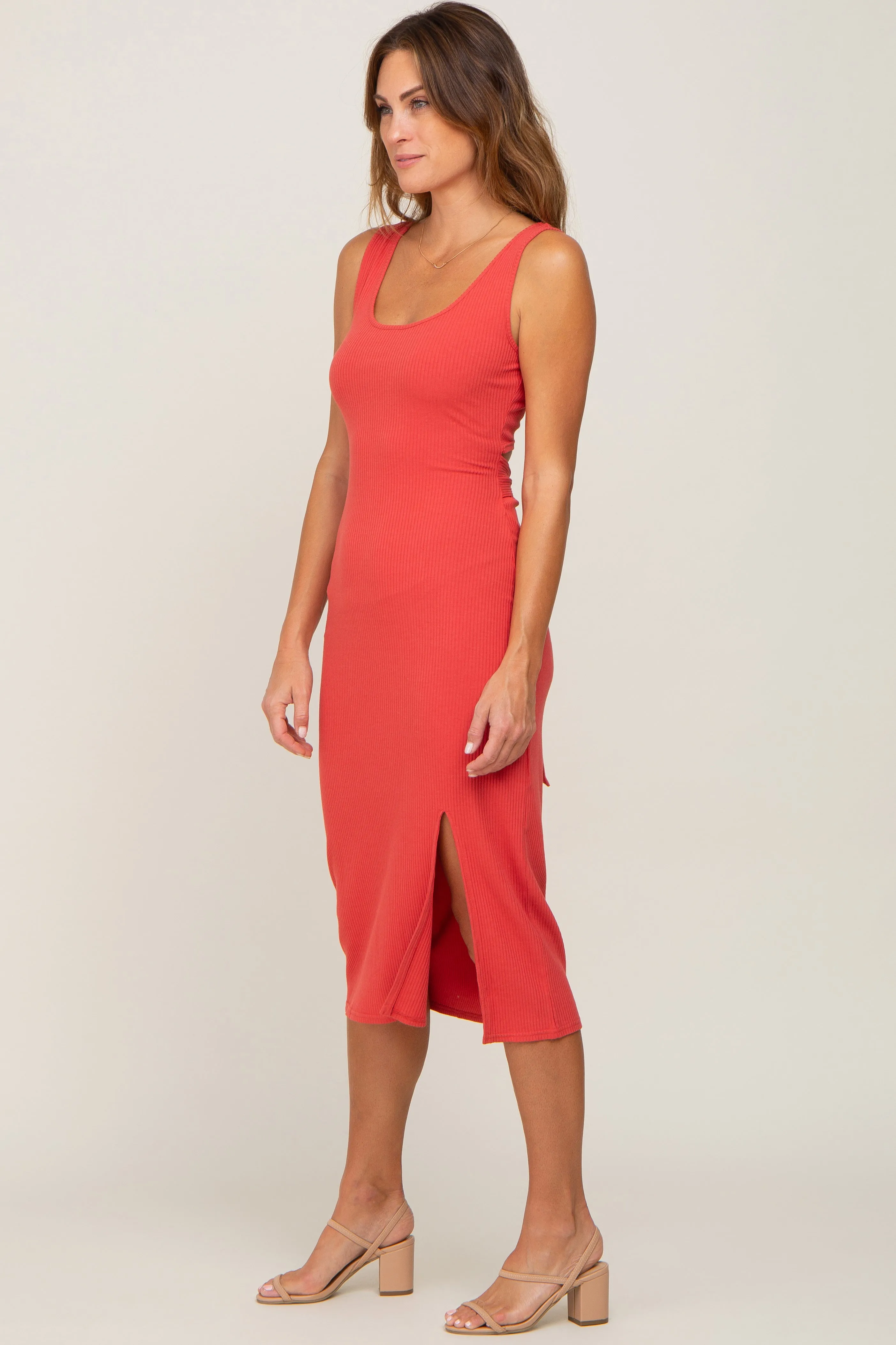 Coral Ribbed Back Cutout Midi Dress sold by Pinkblush product image thumbnail 2