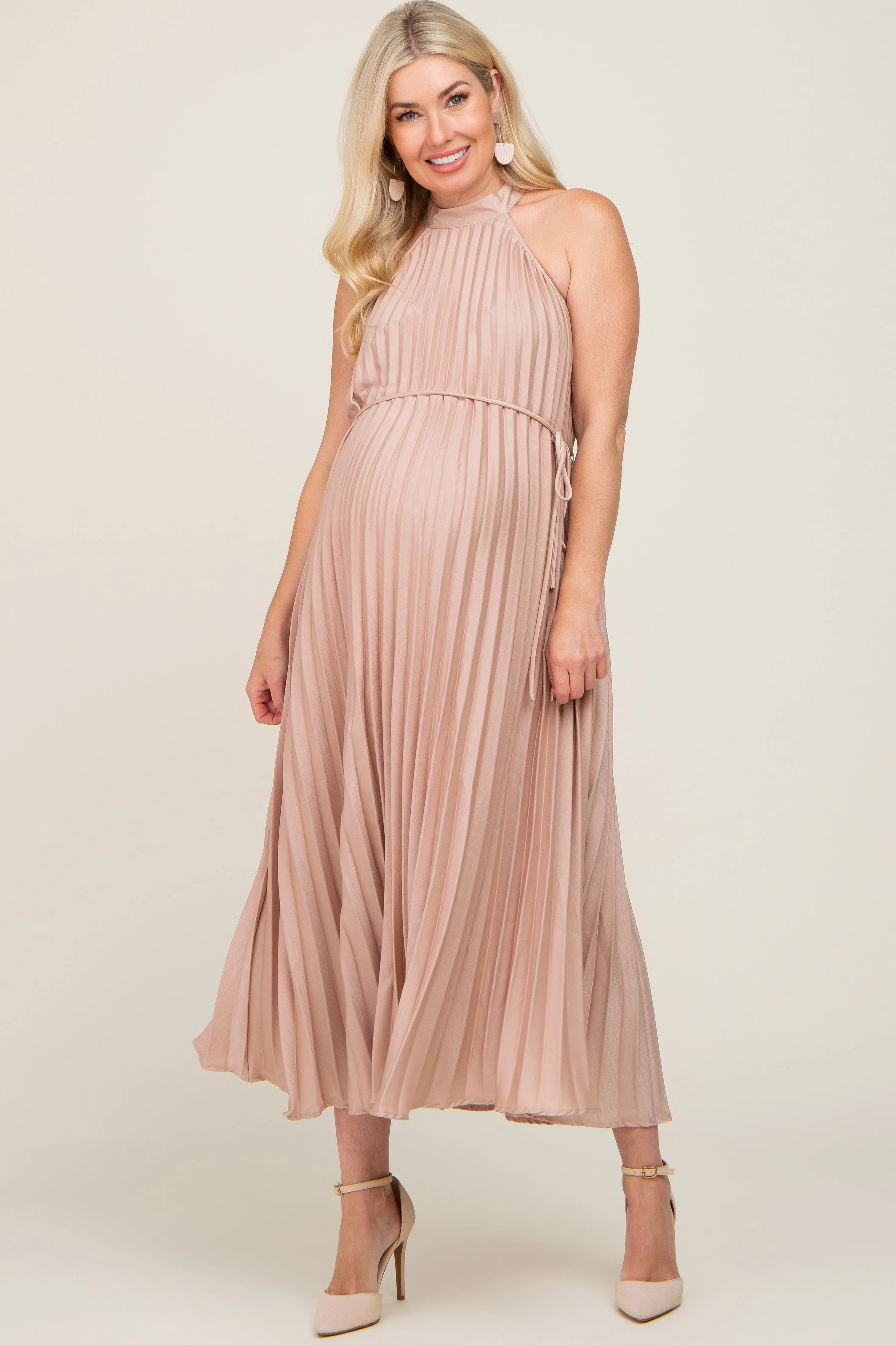 Beige Pleated Maternity Halter Dress sold by Pinkblush product image thumbnail 5