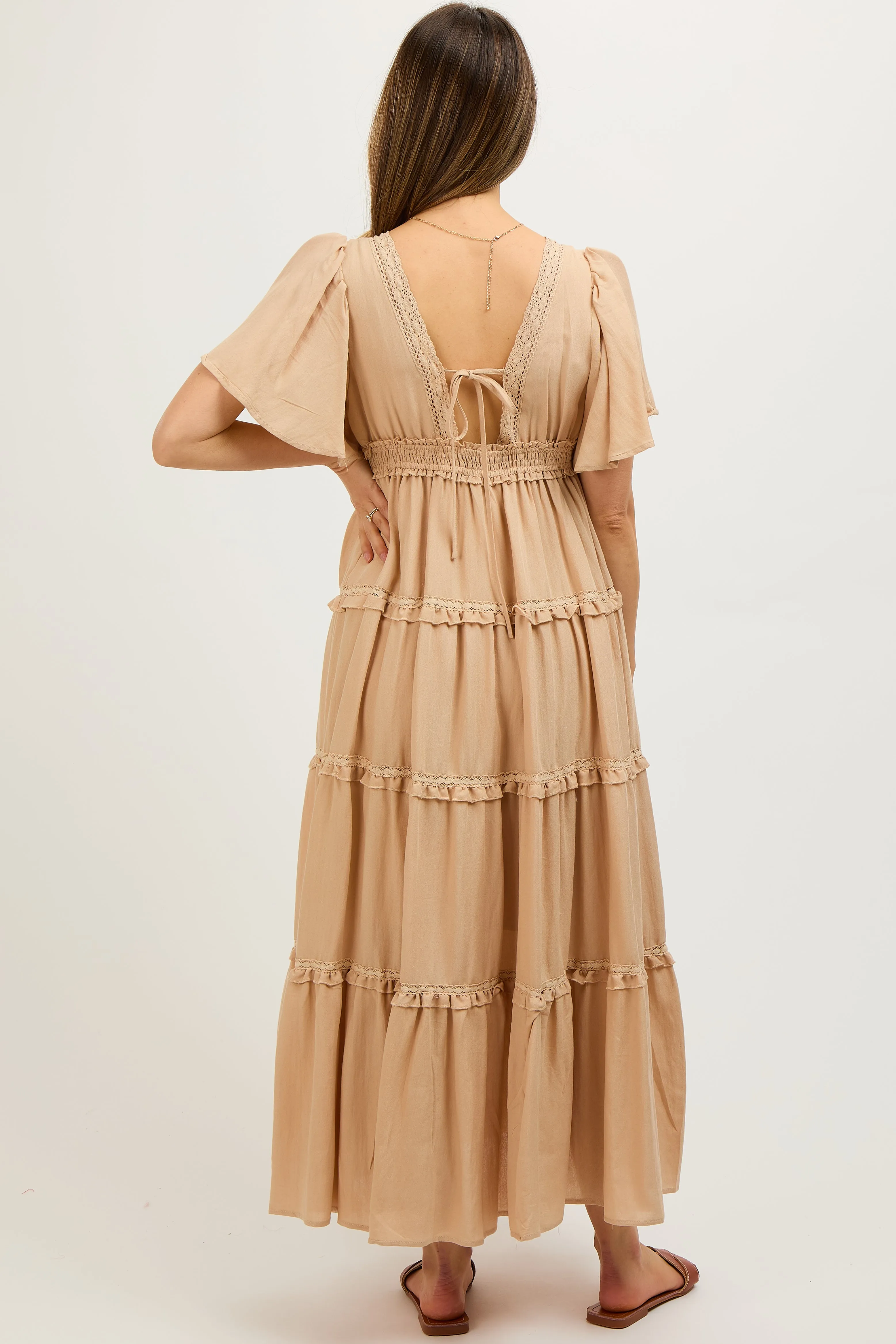 Beige Crochet Lace Tiered Maternity Maxi Dress sold by Pinkblush product image thumbnail 4