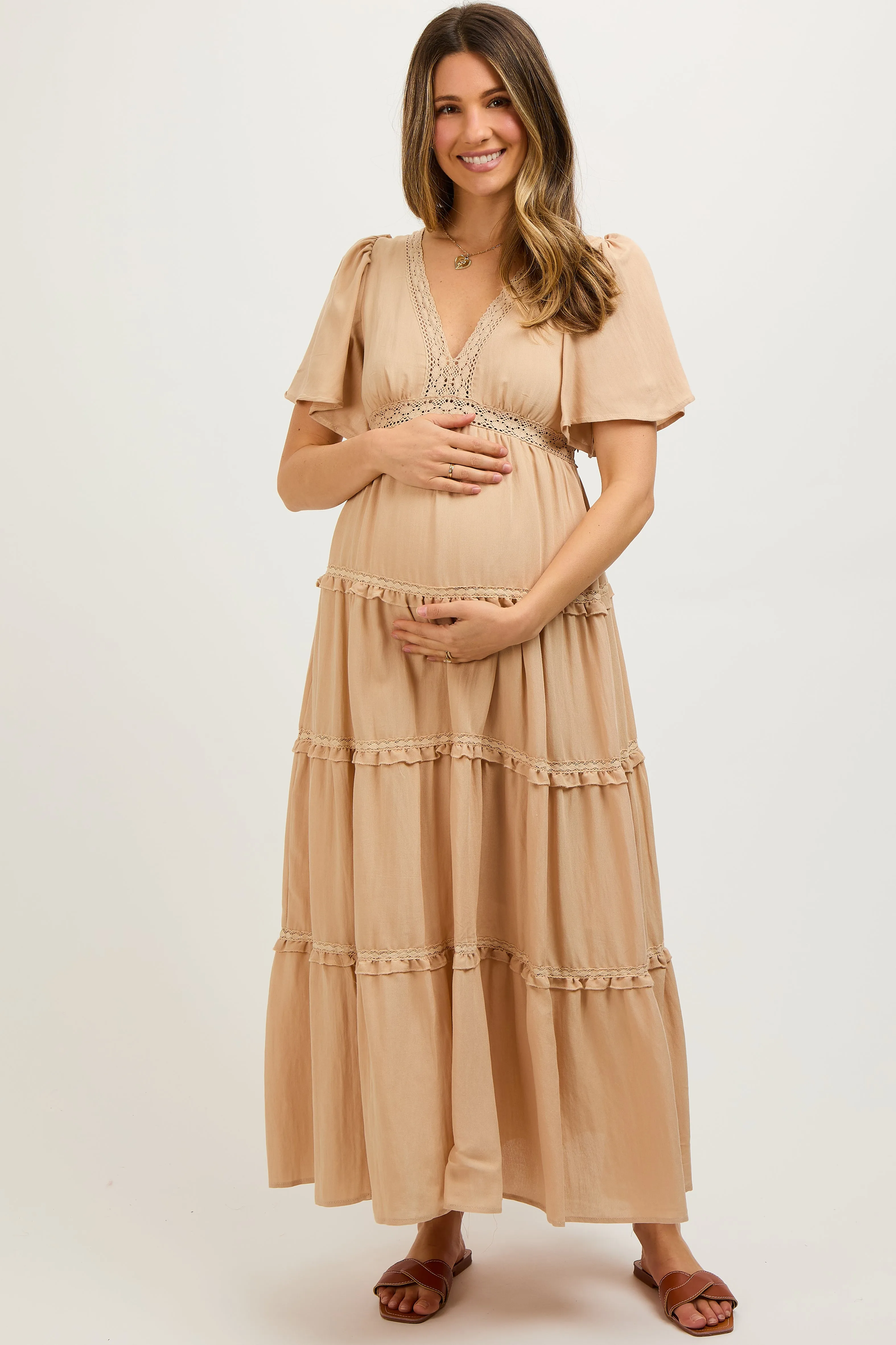 Beige Crochet Lace Tiered Maternity Maxi Dress sold by Pinkblush