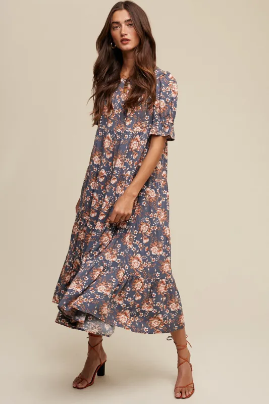 Blue Floral Ruffle Short Sleeve Tiered Midi Dress sold by Pinkblush