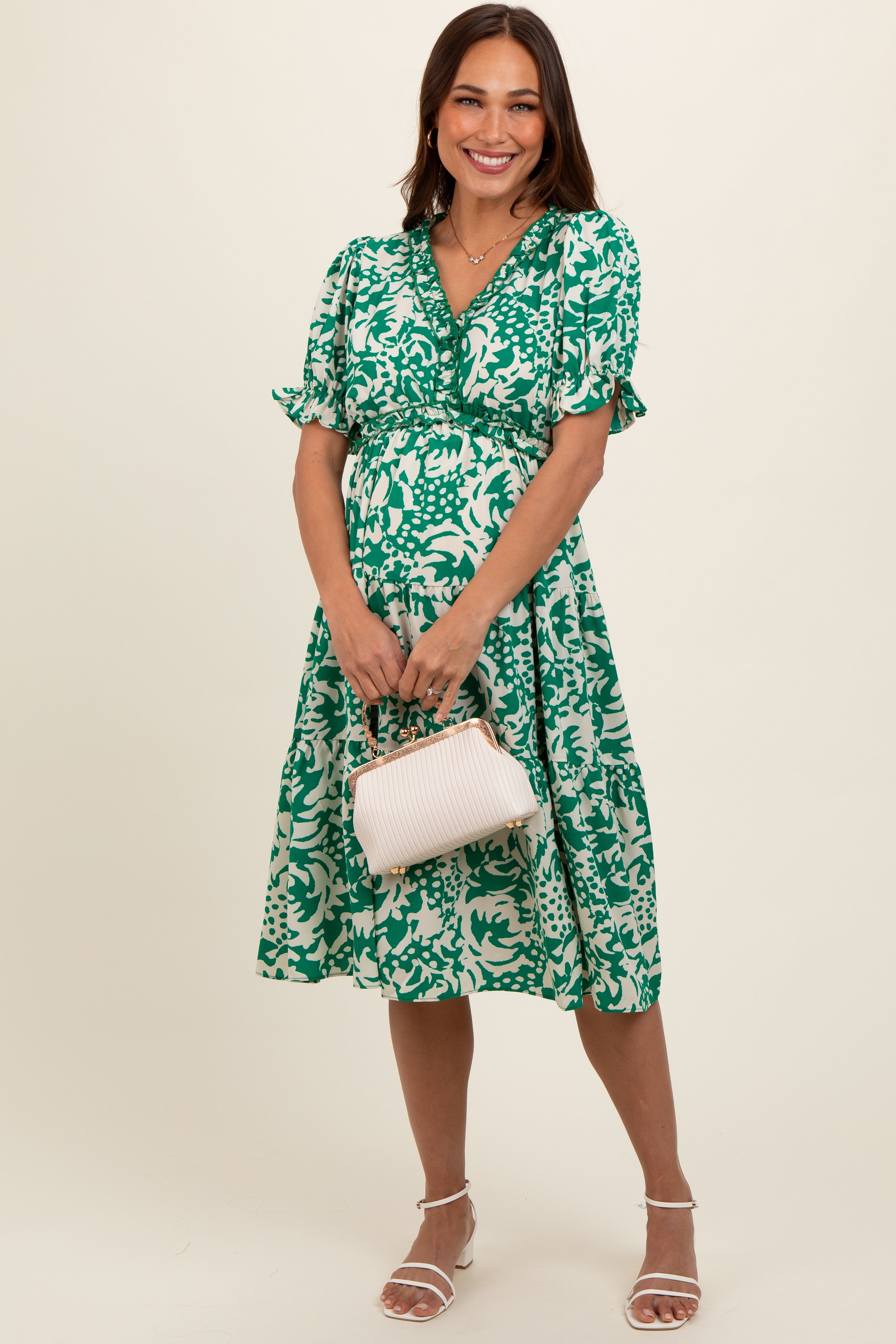 Green Ruffle Trim Tiered Maternity Dress sold by Pinkblush