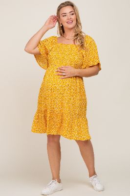 Yellow Floral Smocked Square Neck Ruffle Hem Maternity Plus Dress sold by Pinkblush