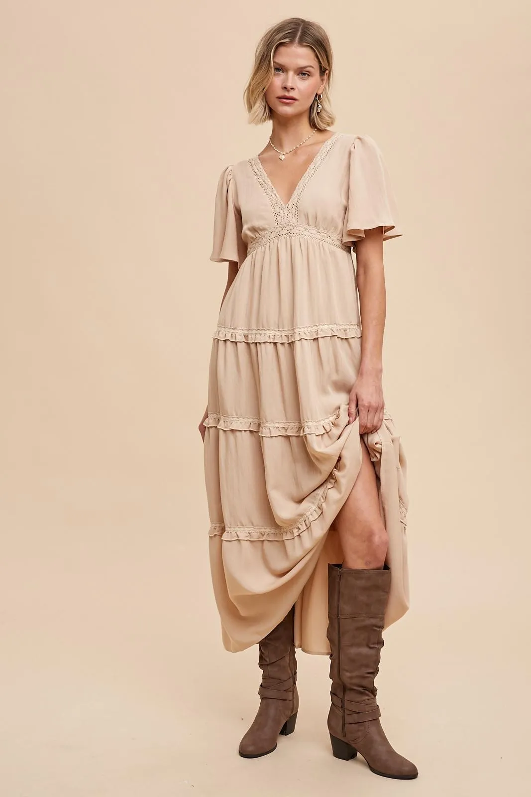 Beige Crochet Lace Tiered Maternity Maxi Dress sold by Pinkblush product image thumbnail 5