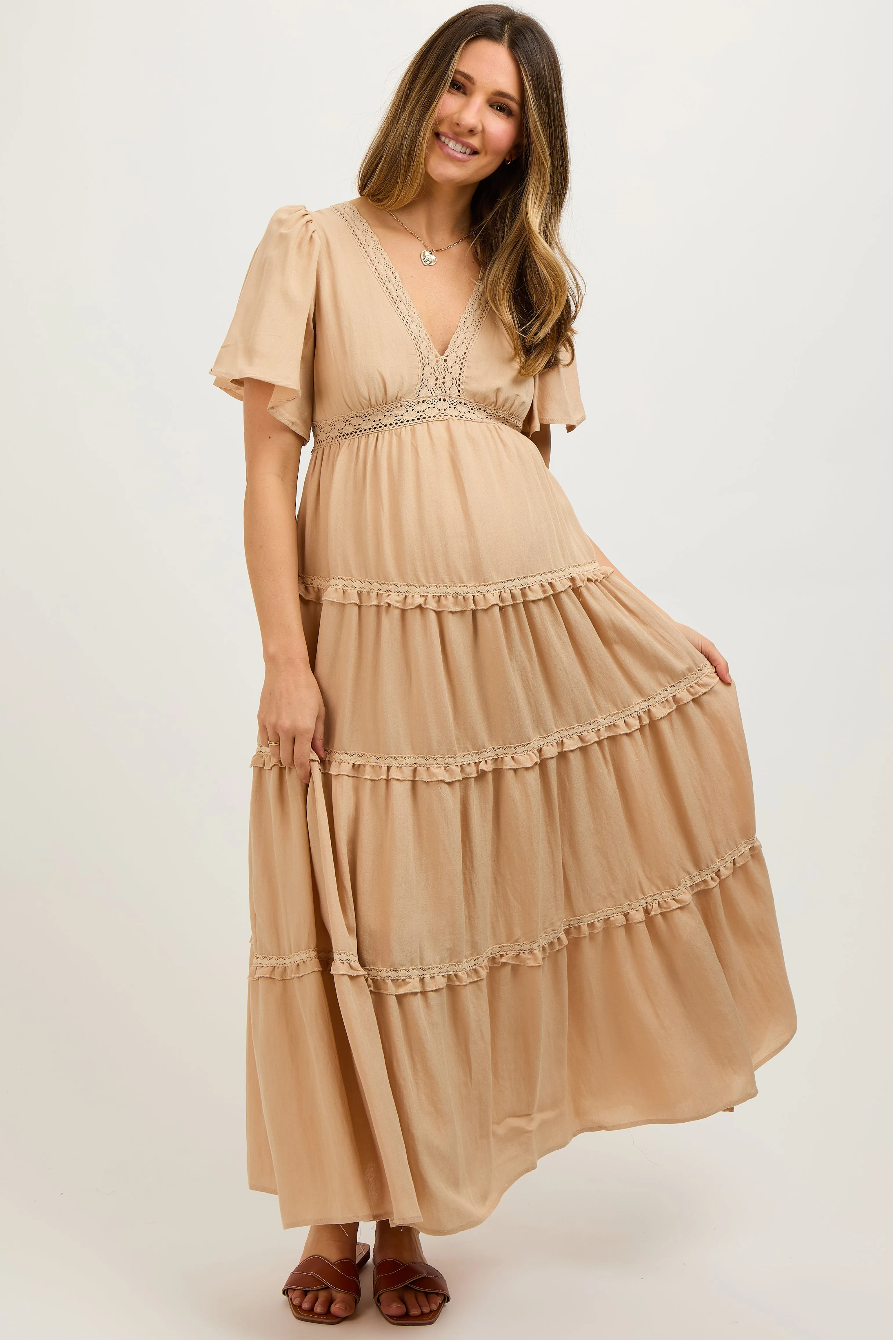 Beige Crochet Lace Tiered Maternity Maxi Dress sold by Pinkblush product image thumbnail 2