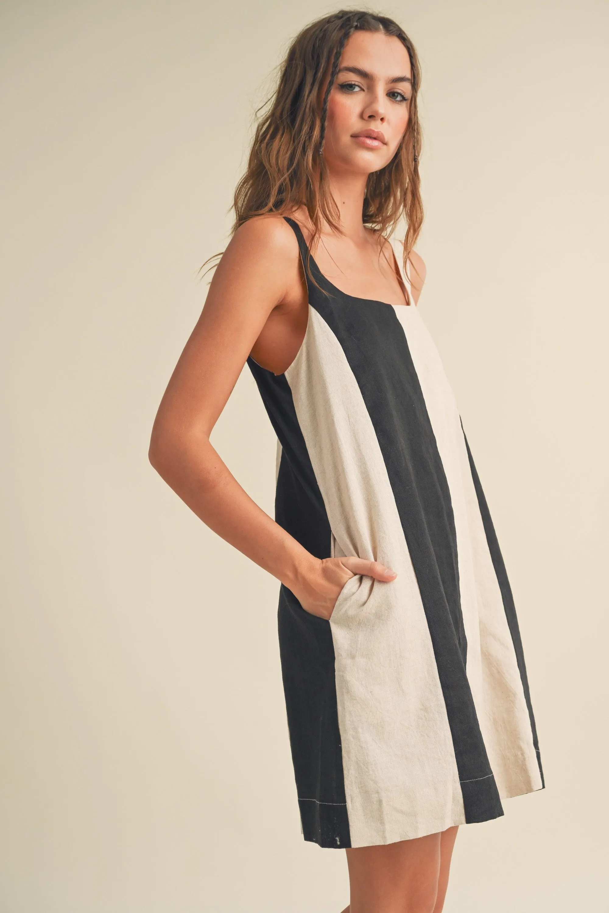 Black Color Block Linen Sleeveless Dress sold by Pinkblush product image thumbnail 3