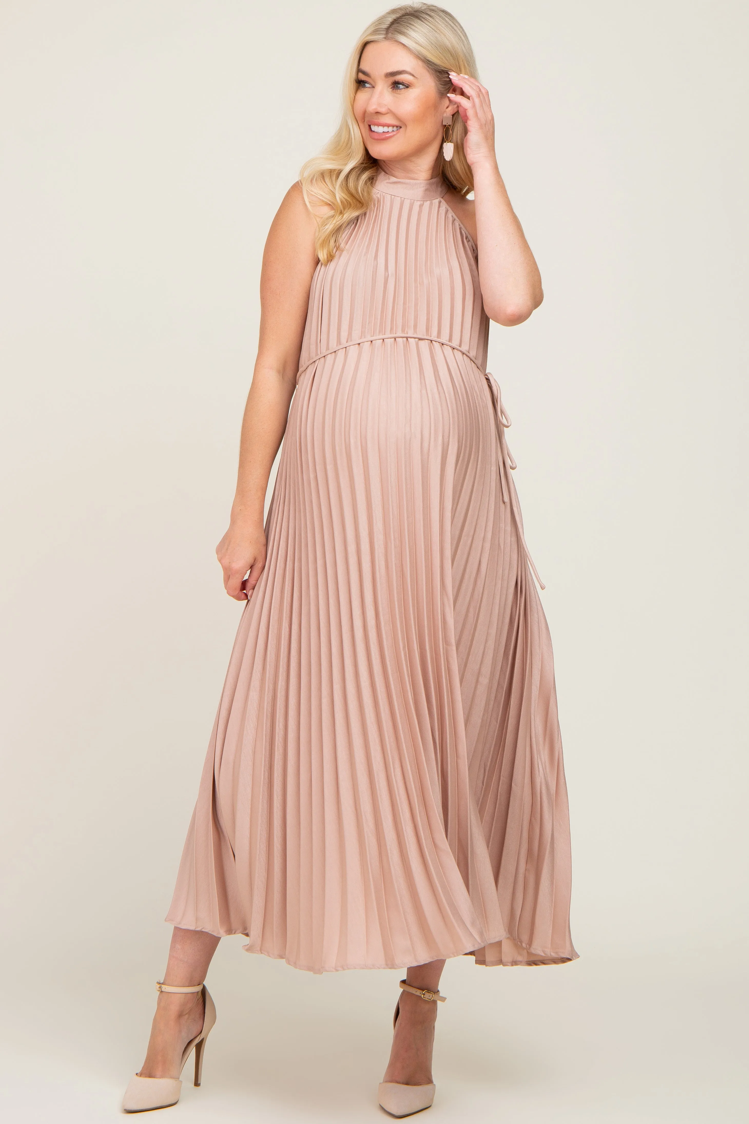 Beige Pleated Maternity Halter Dress sold by Pinkblush product image thumbnail 4