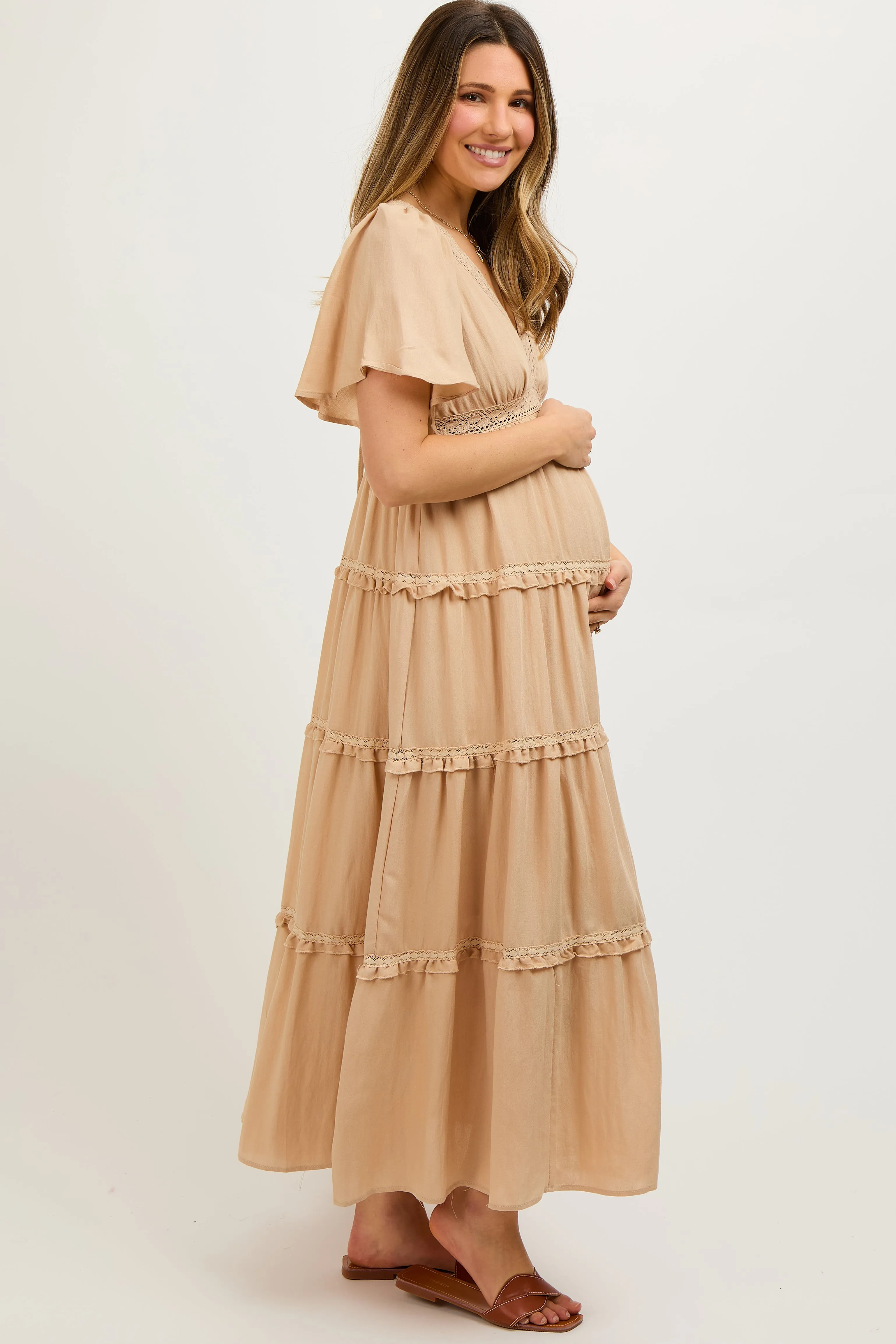 Beige Crochet Lace Tiered Maternity Maxi Dress sold by Pinkblush product image thumbnail 3