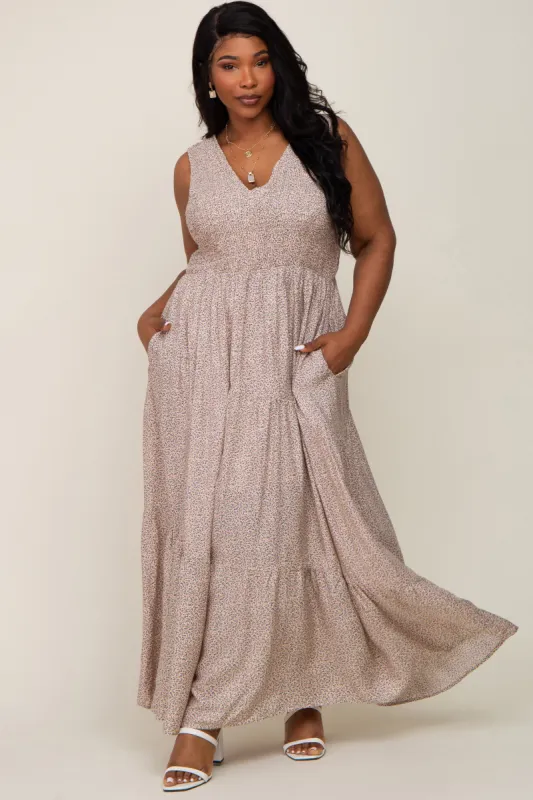 Cream Floral Smocked Sleeveless Back Tie Plus Maxi Dress sold by Pinkblush