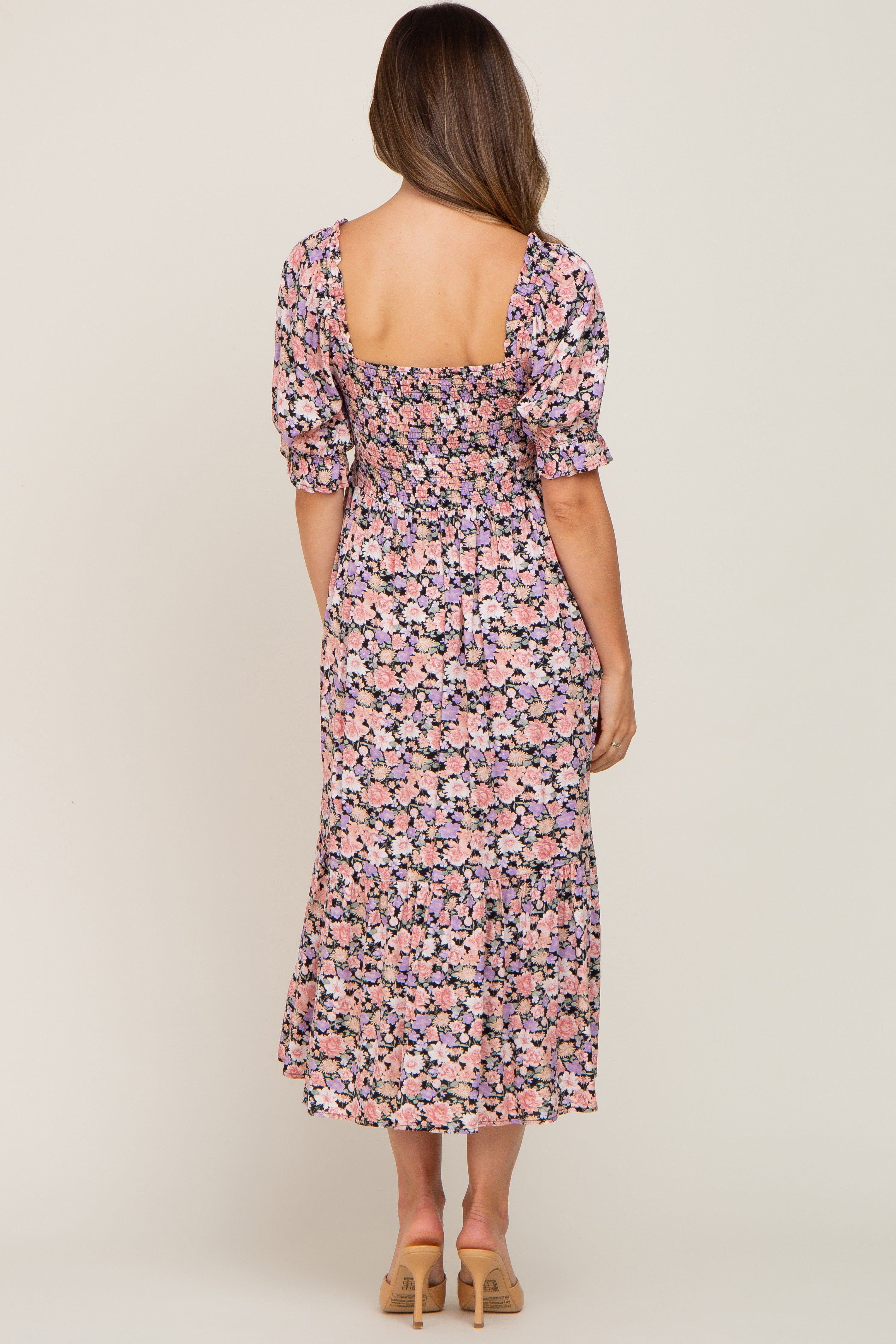 Black Floral Puff Sleeve Maternity Midi Dress sold by Pinkblush product image thumbnail 3