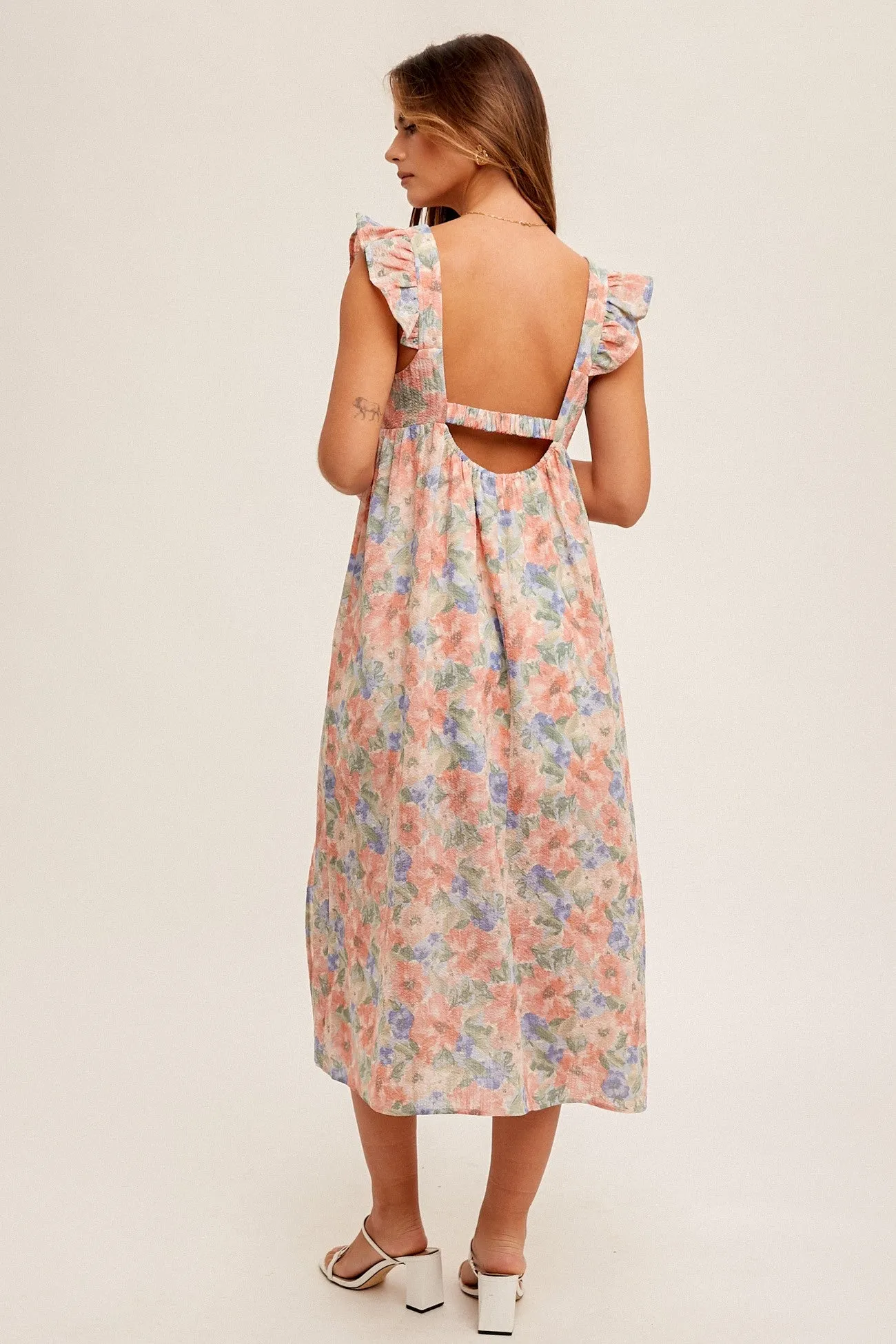 Rose Pink Water Color Floral Print Ruffele Sleeve Midi Dress sold by Pinkblush product image thumbnail 3